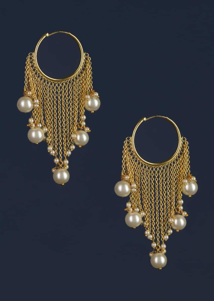 Buy Gold Plated Hoops With Chain Fringes Embellished With Pearls Online ...