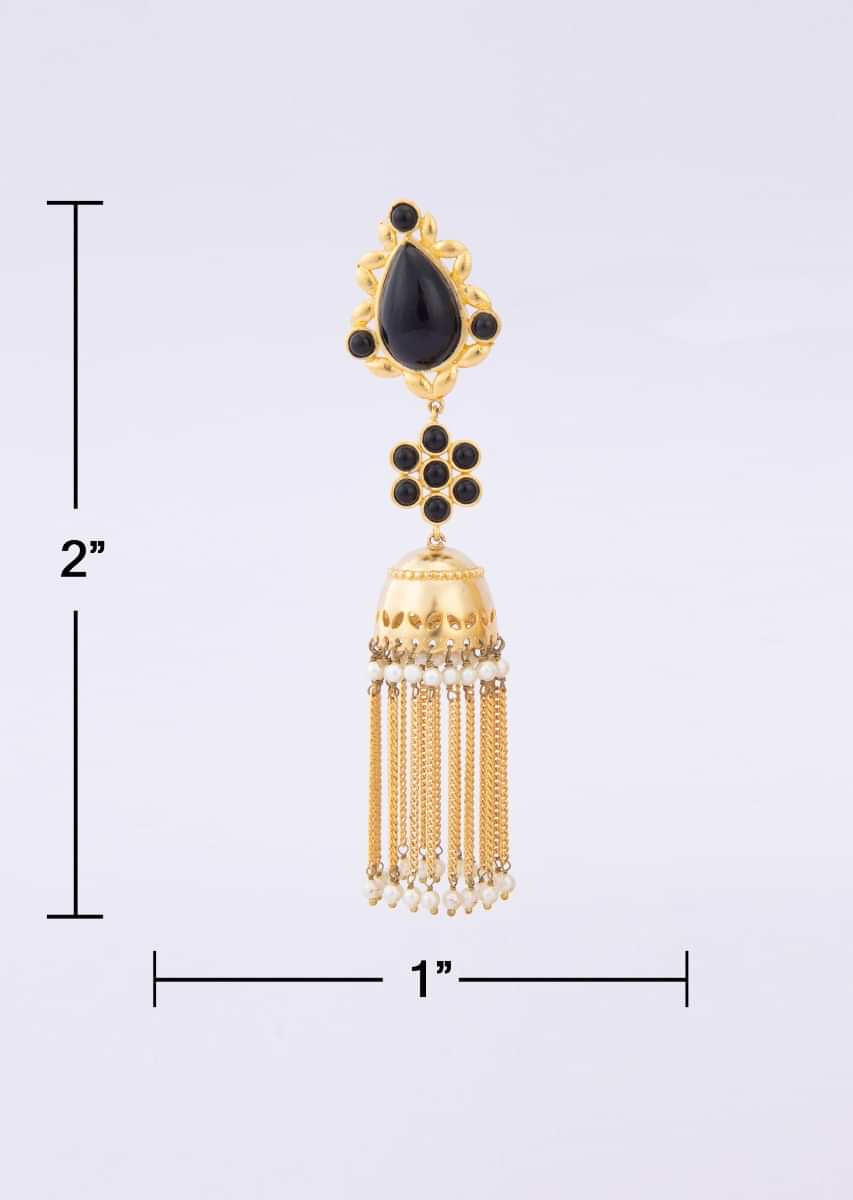 Gold plated jhumkas earring dangler with sleek metal tassels only on Kalki