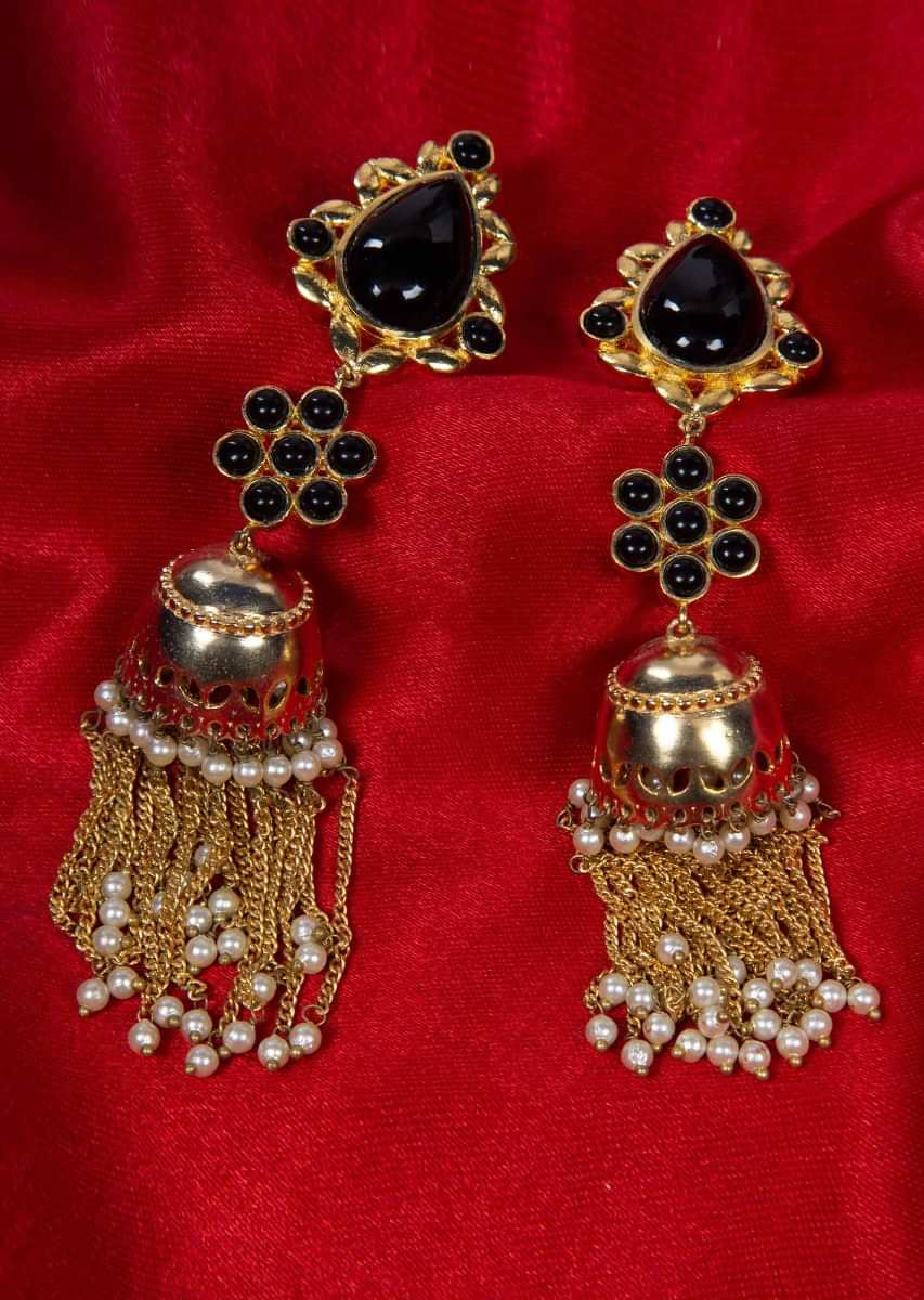 Gold plated jhumkas earring dangler with sleek metal tassels only on Kalki