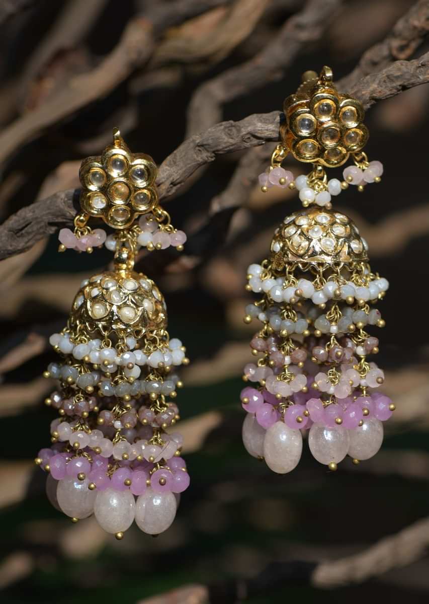 Gold Plated Jhumkas With Kundan Studded Floral Motif And Pink Bead Fringes 