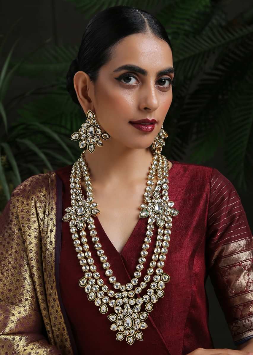 Gold Plated Long Necklace And Earrings Set Encrusted With Kundan In A Flawless Multi Layered Design By Paisley Pop