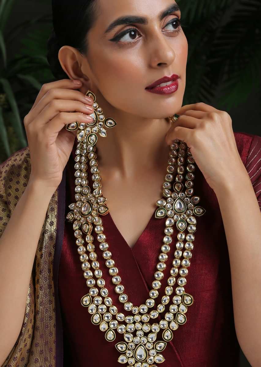 Gold Plated Long Necklace And Earrings Set Encrusted With Kundan In A Flawless Multi Layered Design By Paisley Pop