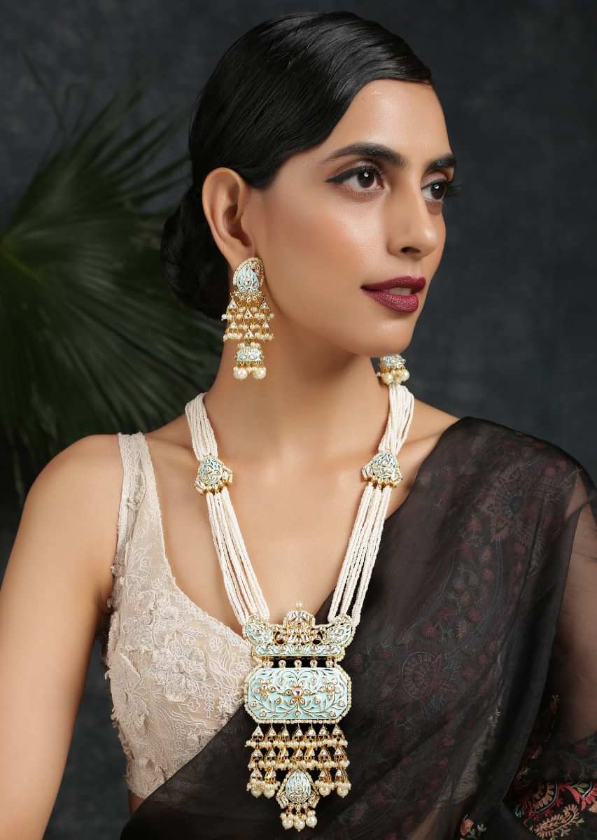 Gold Plated Long Necklace Set With Kundan And Turquoise Meenakari Pendant Along With Moti Strings By Paisley Pop