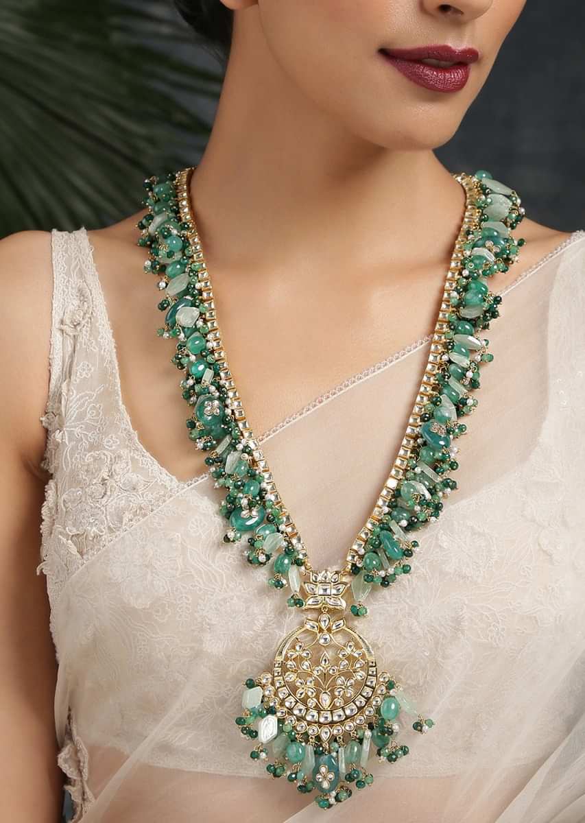 Gold Plated Long Necklace With Kundan And Multisized Beads In Varied Shades Of Green By Paisley Pop
