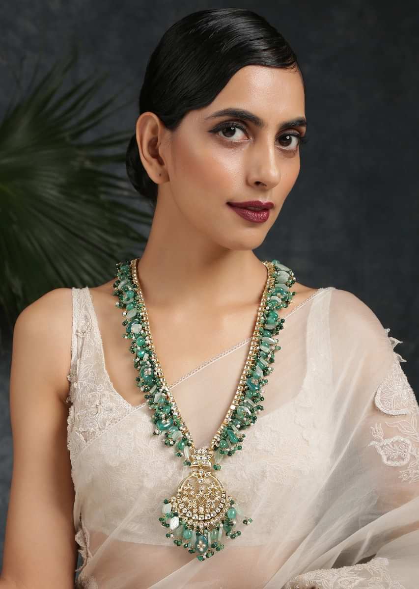 Gold Plated Long Necklace With Kundan And Multisized Beads In Varied Shades Of Green By Paisley Pop
