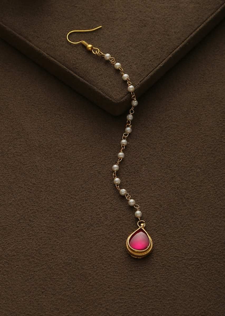 Gold Plated Maang Tika With Pink Drop Shaped Stone And Moti Embellished Chain