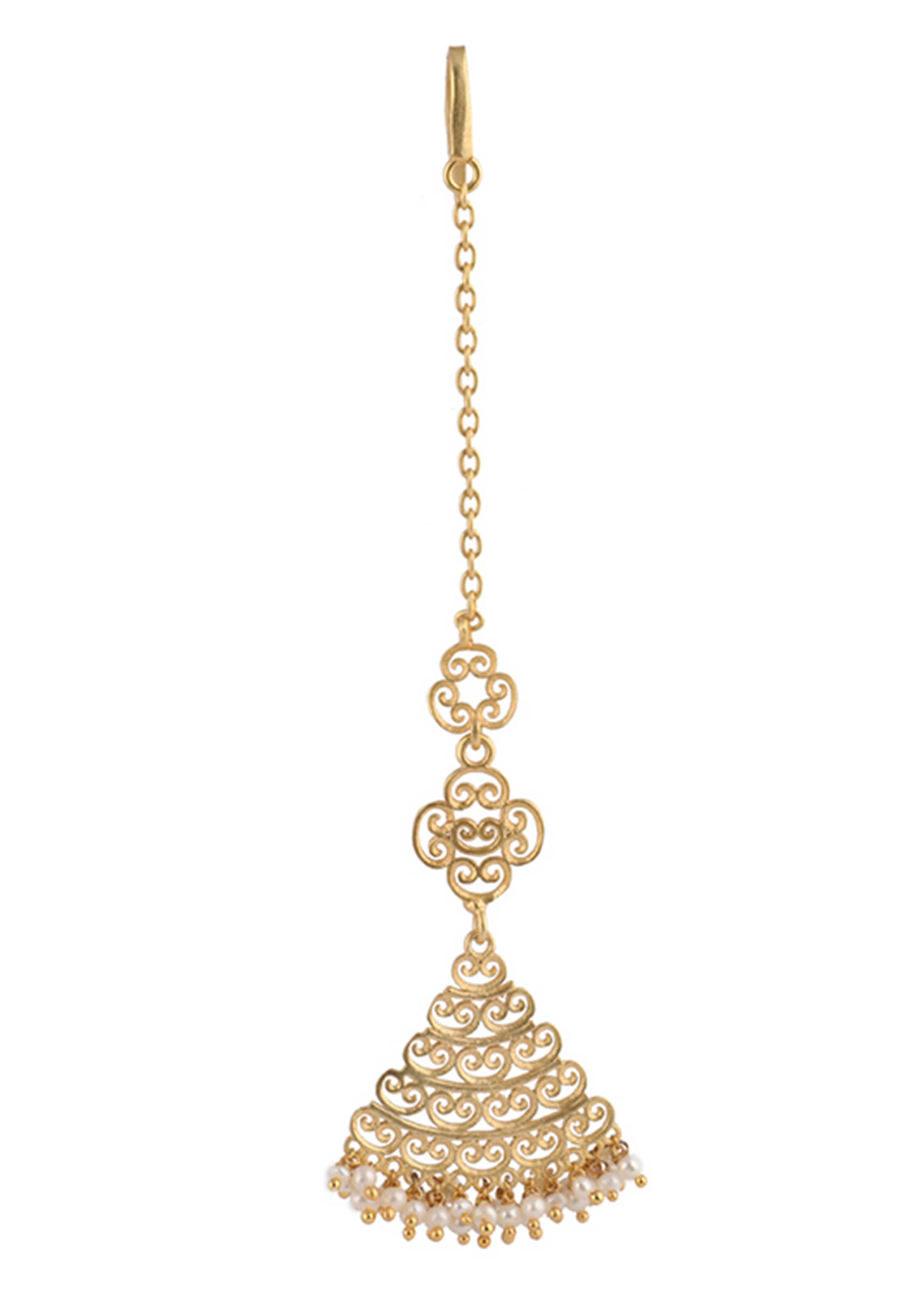 Gold Plated Maang Tika Edged In Pearls With Intricate Filigree Design By Zariin