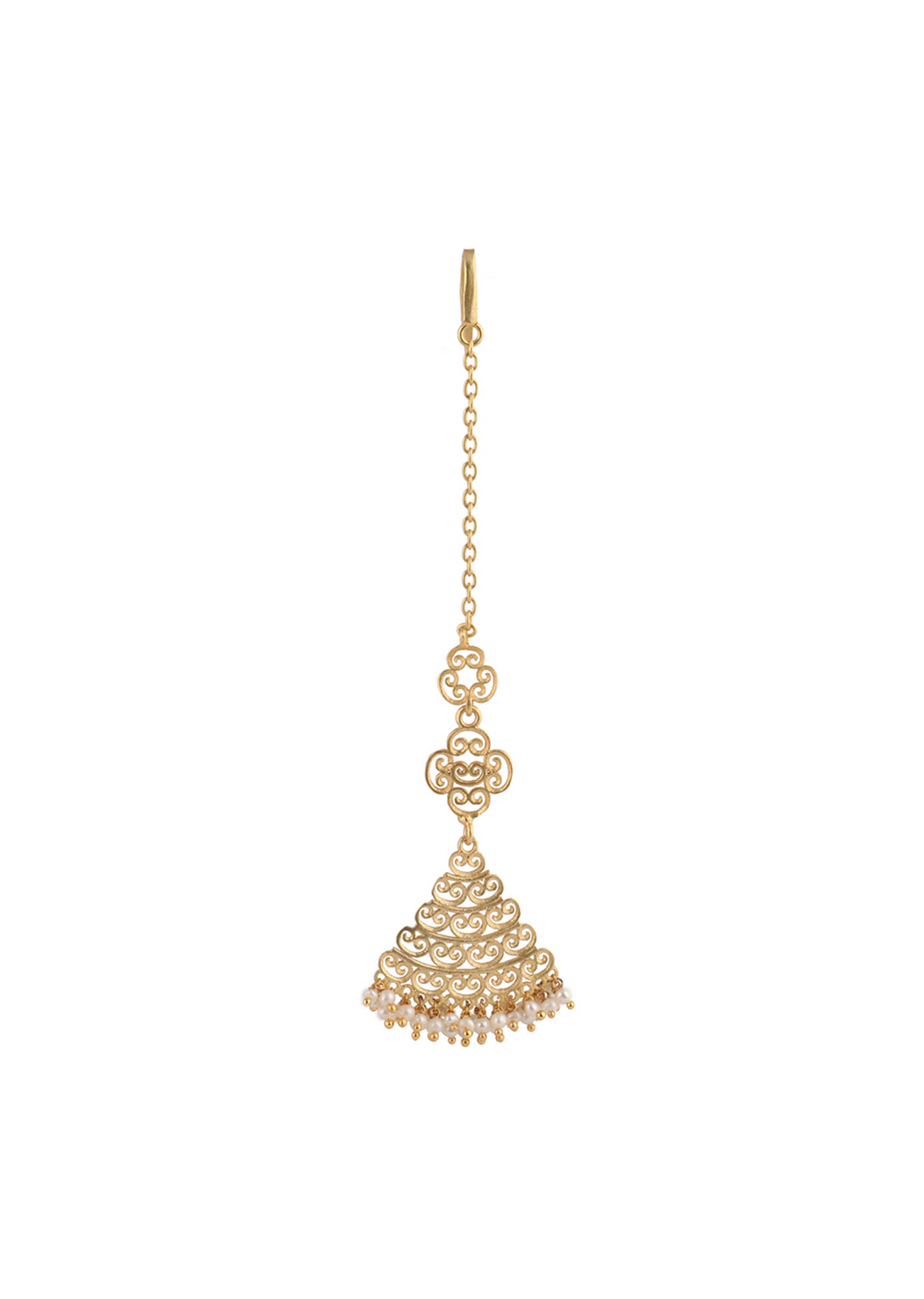 Gold Plated Maang Tika Edged In Pearls With Intricate Filigree Design By Zariin