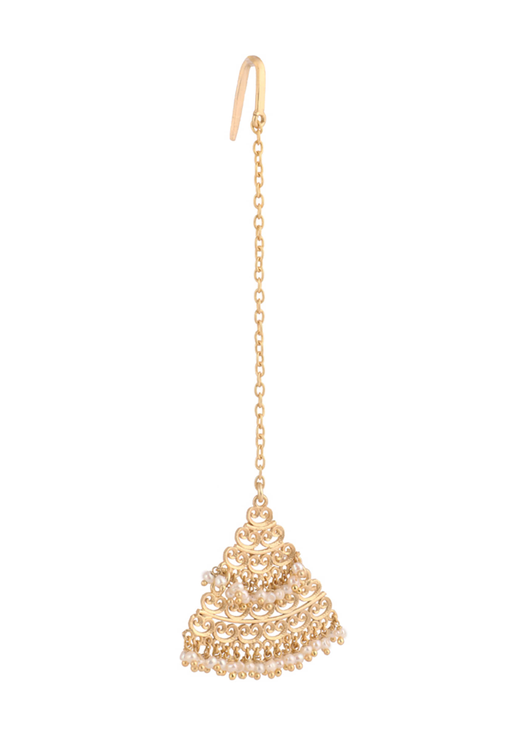 Gold Plated Maang Tika With Beautiful Triangular Filigree Motifs And Pearl Beads By Zariin