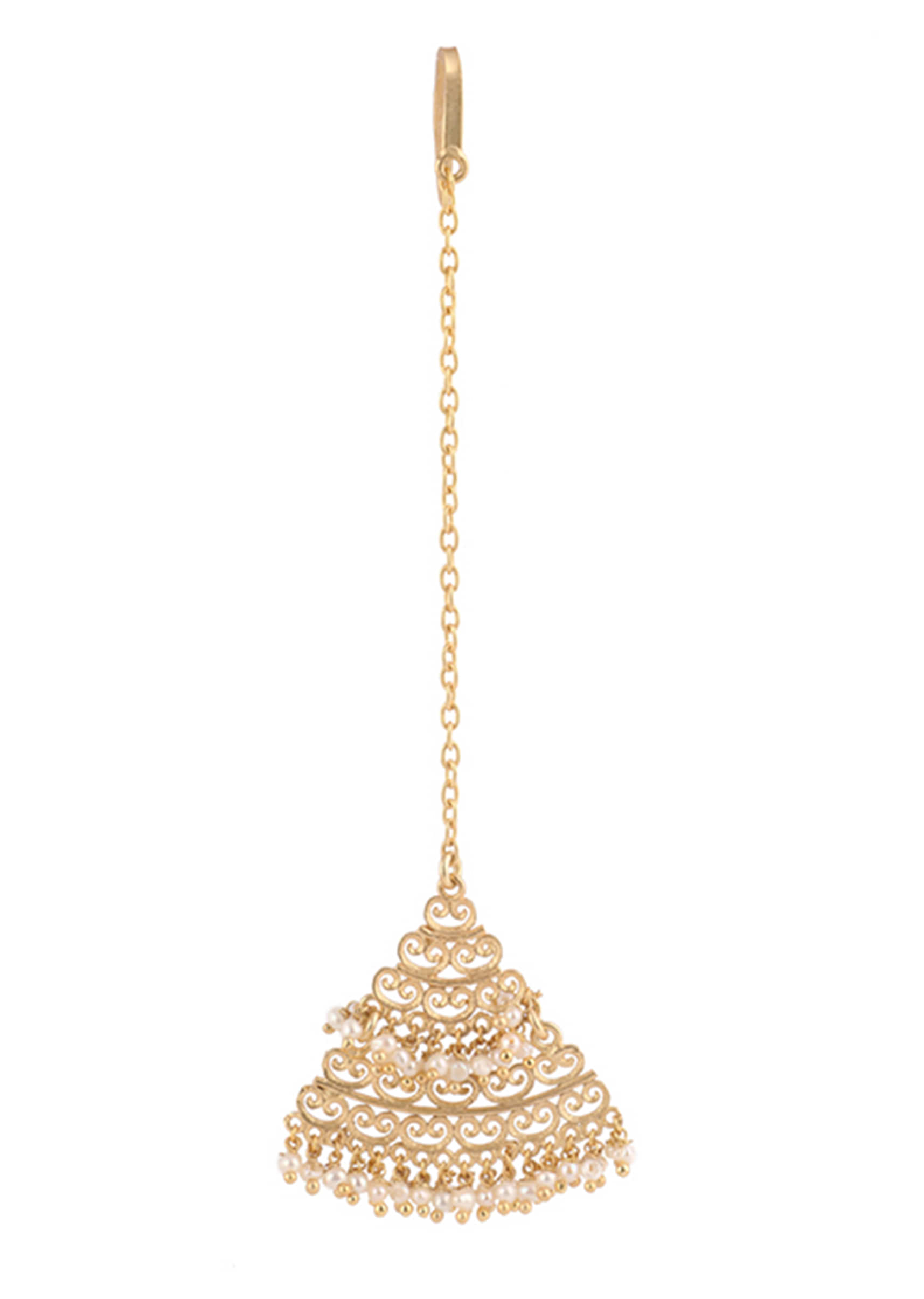 Gold Plated Maang Tika With Beautiful Triangular Filigree Motifs And Pearl Beads By Zariin