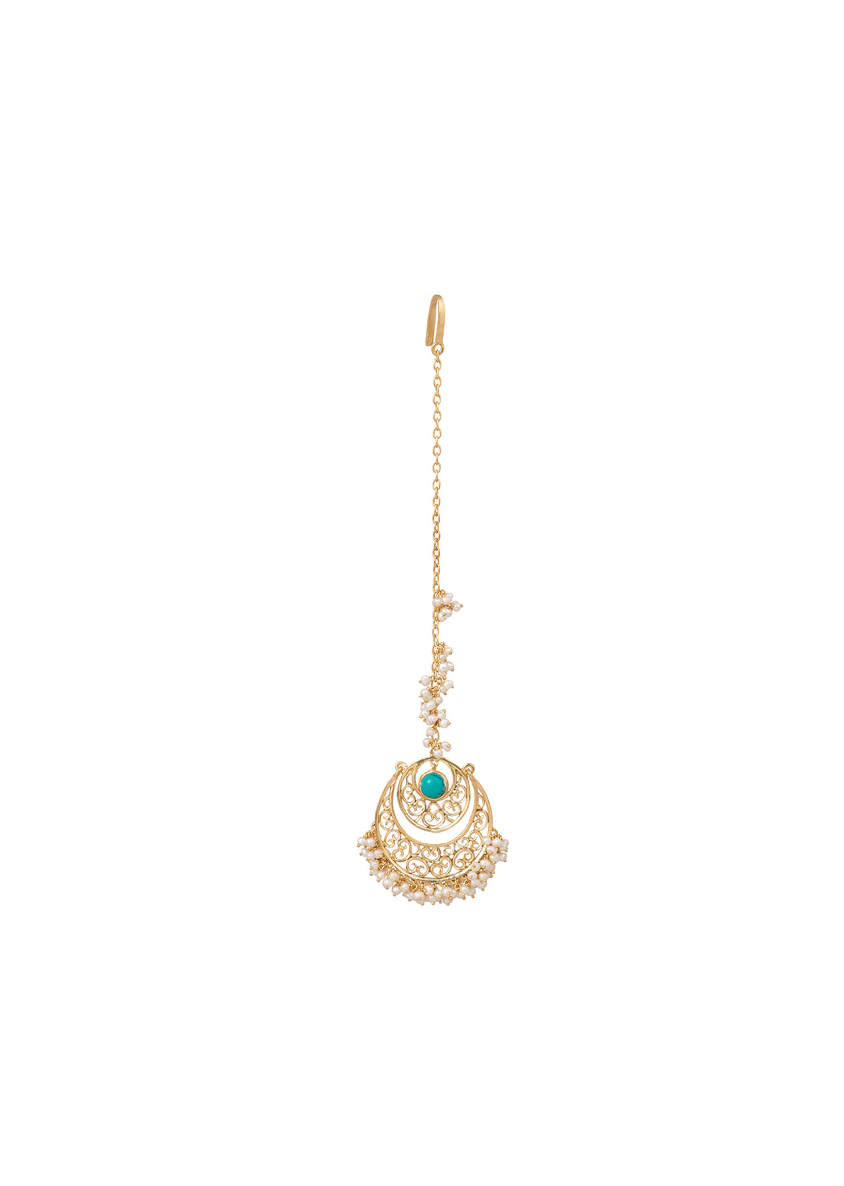 Gold Plated Maang Tika With Turquoise Stone Along With Carved Filigree Design And Pearls By Zariin