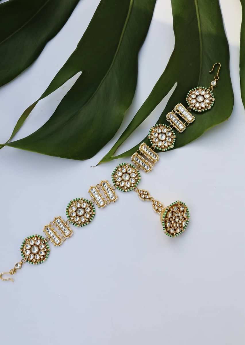 Gold Plated Mathapatti With Kundan And Moti In Unique Floral Motifs And A Round Borla Shaped Tikka In The Centre By Paisley Pop