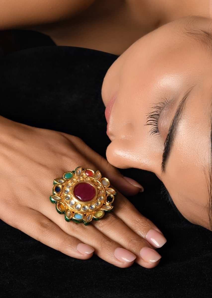 Gold Plated Navrattan Oversized Ring With Polki And Multi Colored Stone Work By Paisley Pop