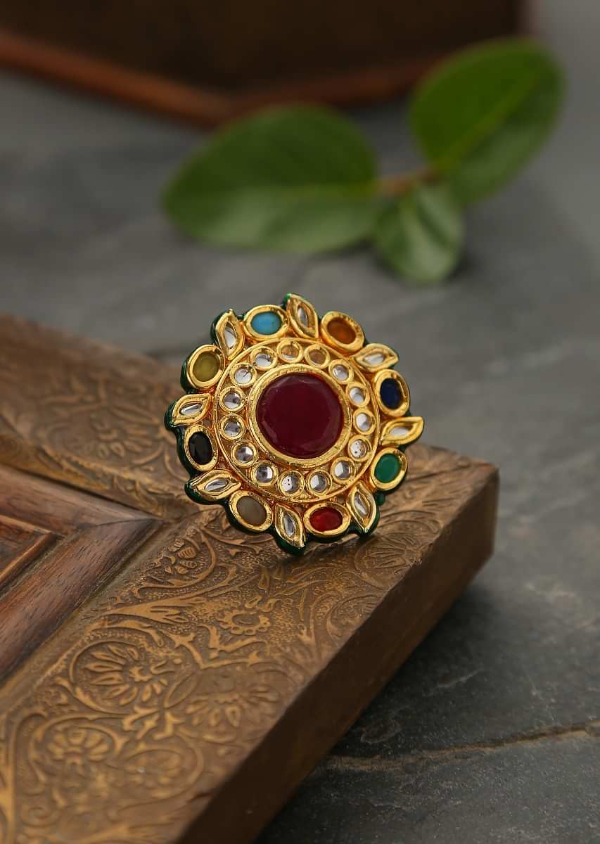 Gold Plated Navrattan Oversized Ring With Polki And Multi Colored Stone Work By Paisley Pop