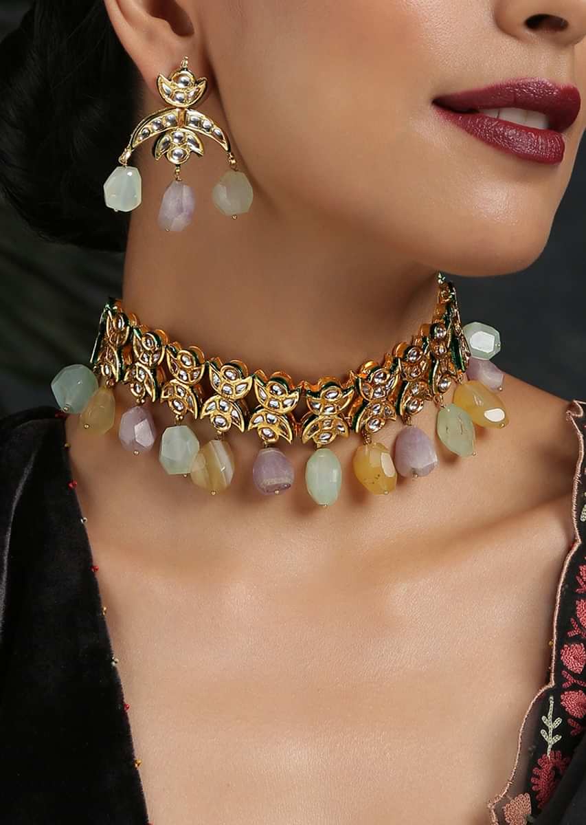Gold Plated Necklace And Earrings Set Adorned In Kundan And Embellished With Dangling Emerald Pastel Stones By Paisley Pop