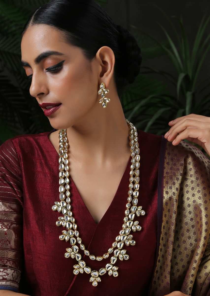 Gold Plated Necklace And Earrings Set Encrusted With Kundan In An Elegant Multilayered Style By Paisley Pop