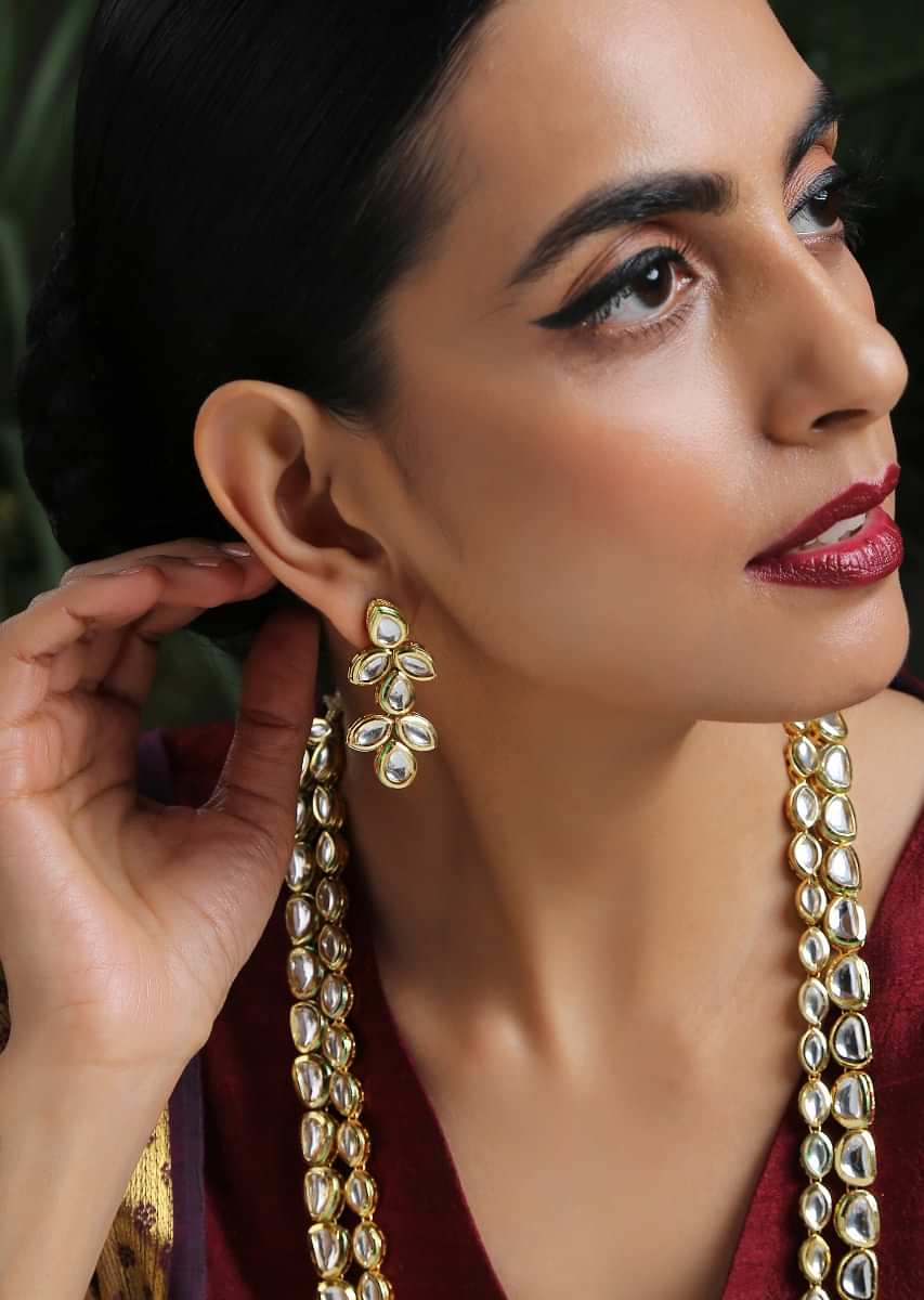 Gold Plated Necklace And Earrings Set Encrusted With Kundan In An Elegant Multilayered Style By Paisley Pop