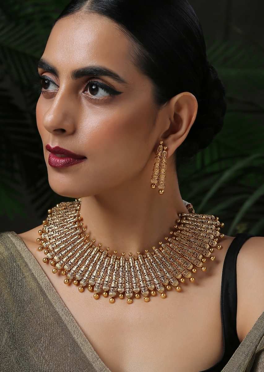 Gold Plated Necklace And Earrings Set With Ancient Engraved Work Inspired From Tribal Motifs