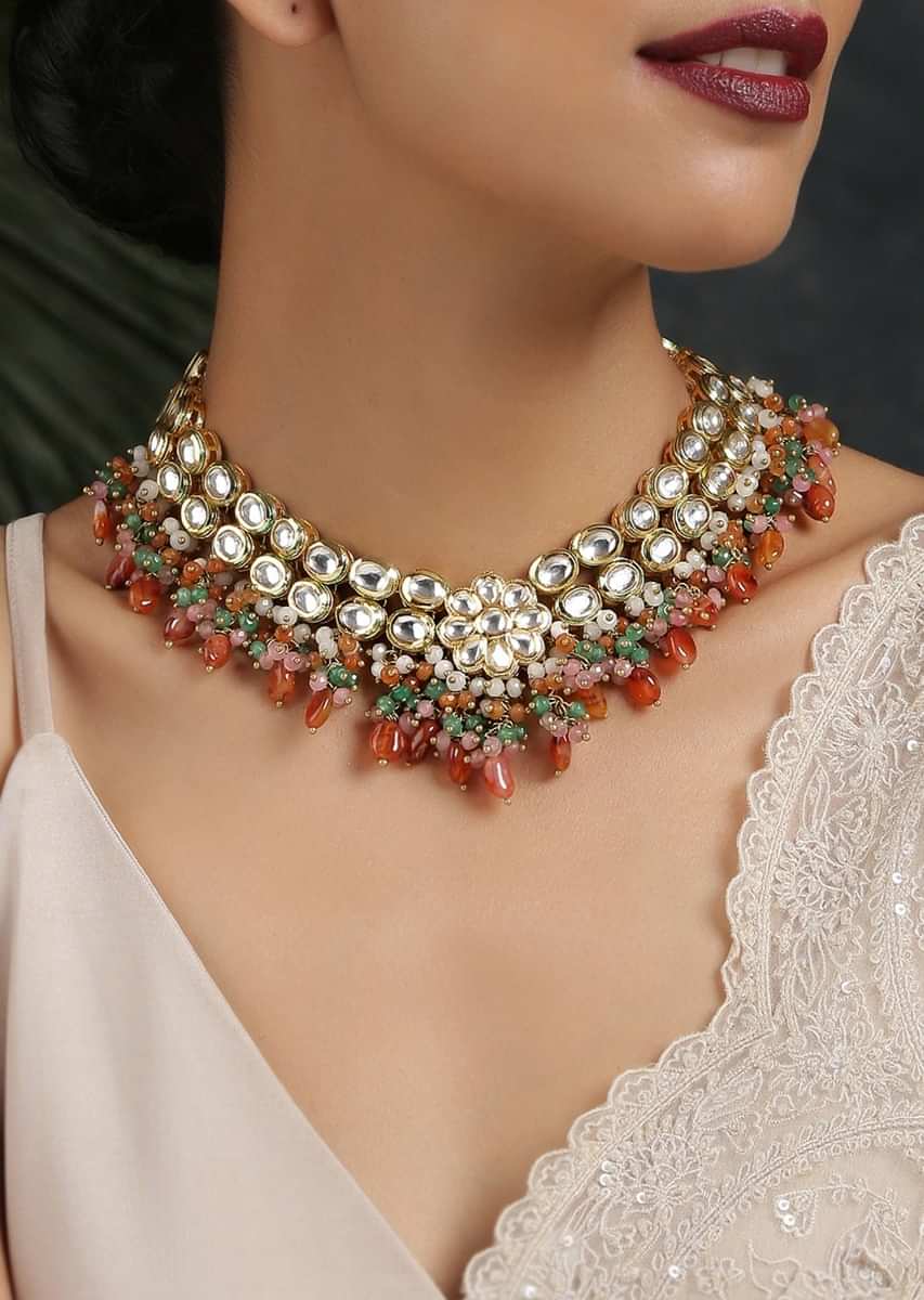 Gold Plated Necklace Encrusted With Kundan Along With Dangling Orange And Green Beads By Paisley Pop