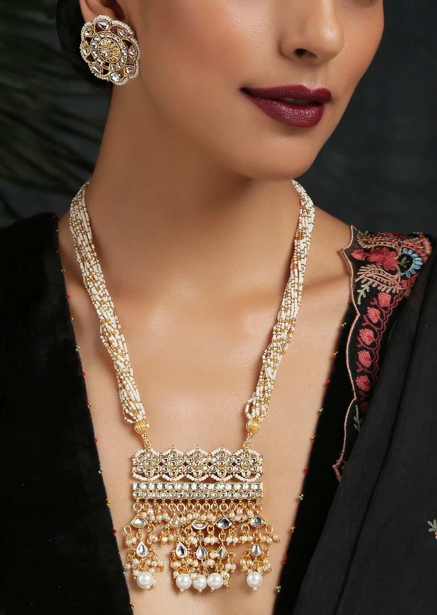 Gold Plated Necklace Set With Floral Stud Earrings Featuring Kundan And Pearls By Paisley Pop