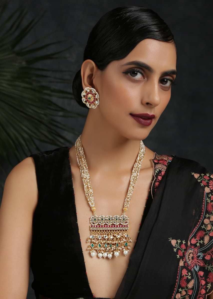 Gold Plated Necklace Set With Floral Stud Earrings Featuring Kundan,  Pearls And Stones In Shades Of Green And Red By Paisley Pop