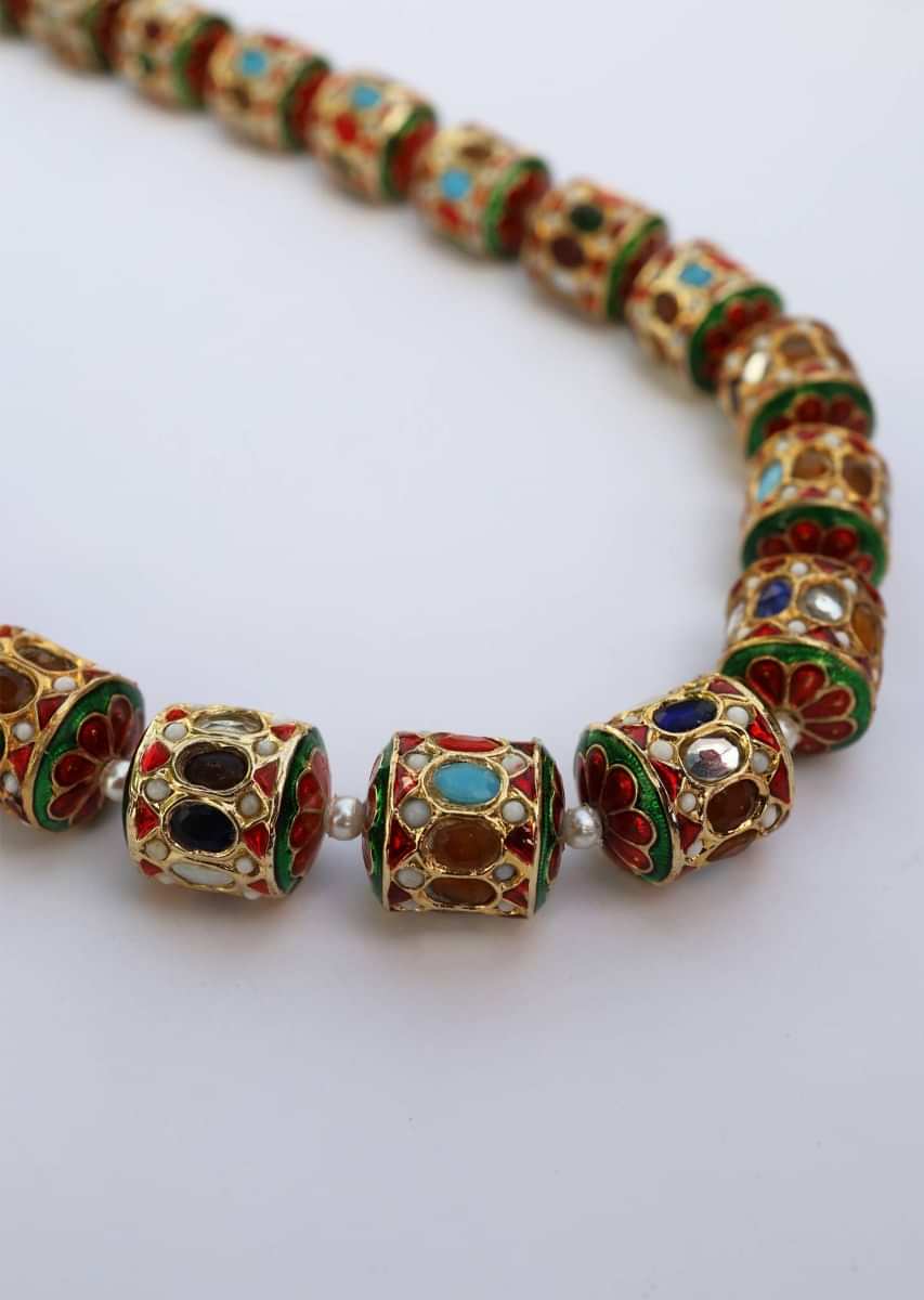 Gold Plated Necklace With A Riot Of Colors Featured On Unusual Cylindrical Beads In  A Traditional Yet Modern Style By Paisley Pop