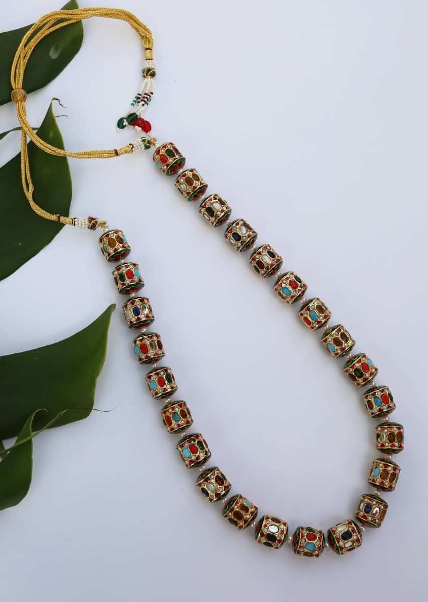 Gold Plated Necklace With A Riot Of Colors Featured On Unusual Cylindrical Beads In  A Traditional Yet Modern Style By Paisley Pop