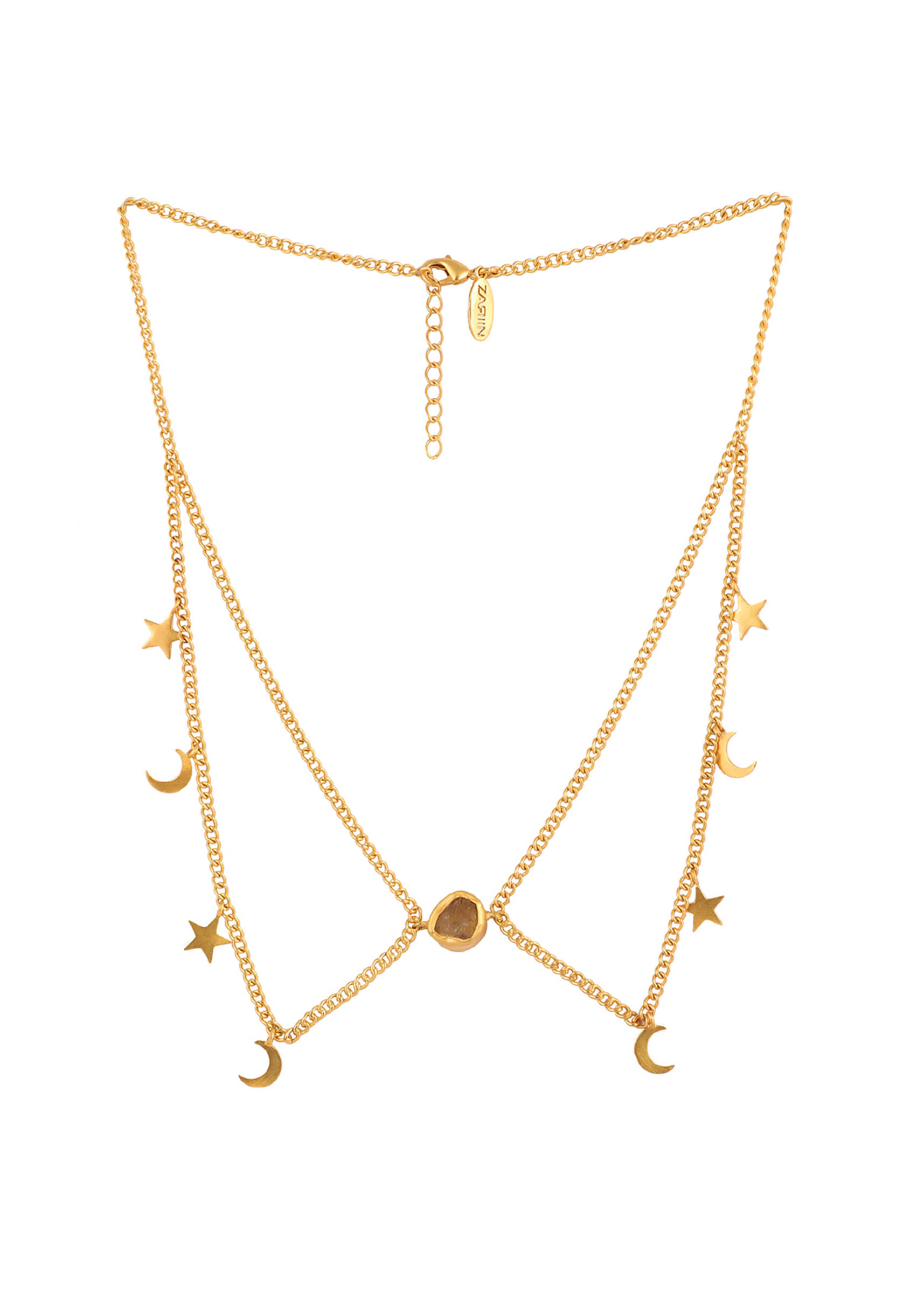 Gold Plated Necklace With Blue Topaz Pendant And Dangling Star And Moon Tassels By Zariin