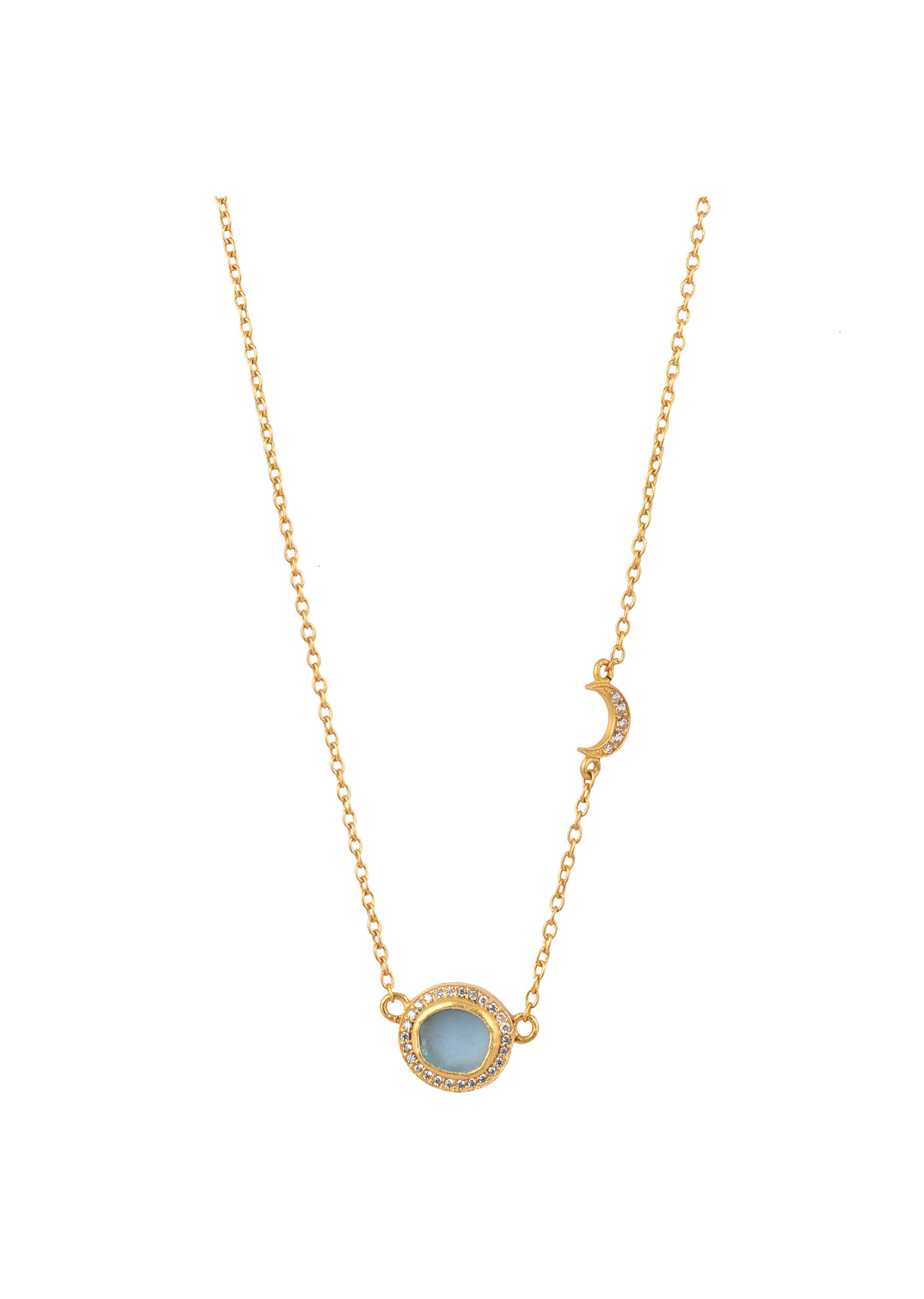 Gold Plated Necklace With Blue Topaz Pendant And Studded With Cubic Zircons By Zariin