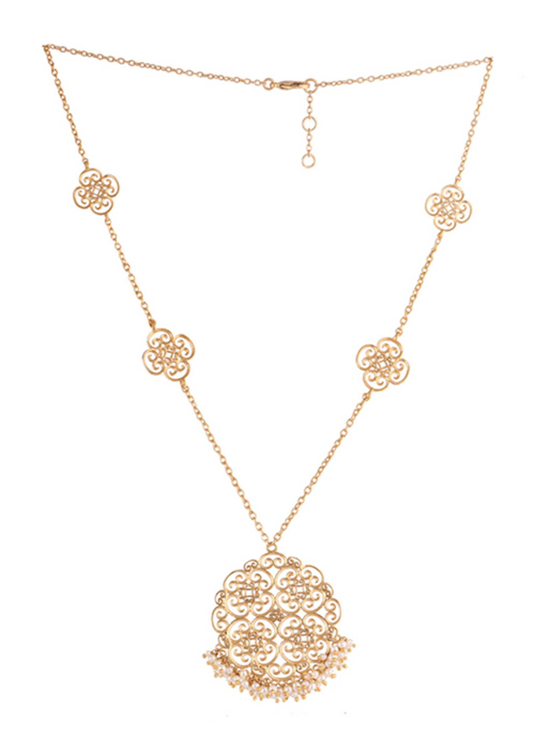 Gold Plated Necklace With Delicate Details Of Filigree Work And Playful Pearl Beads By Zariin