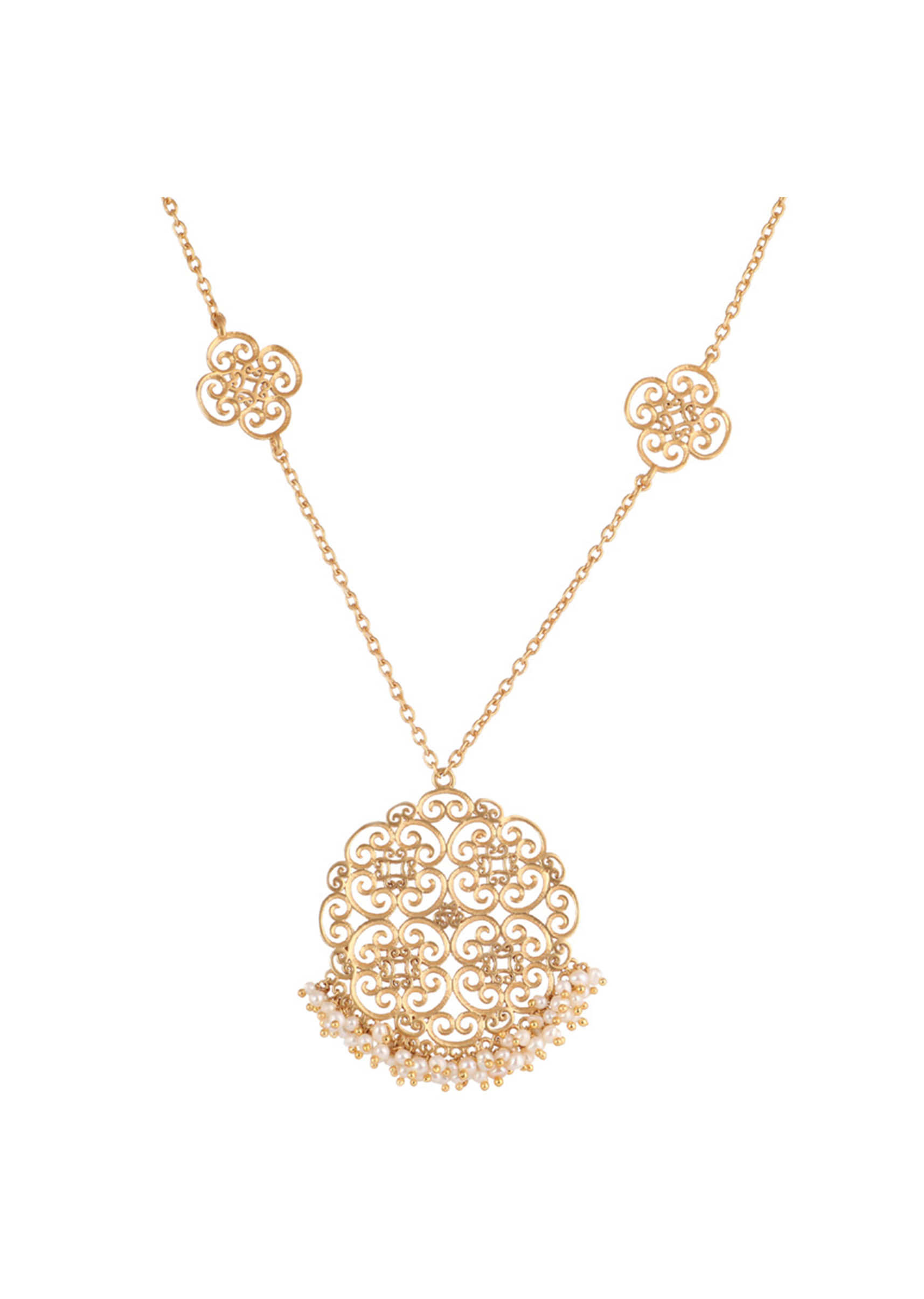 Gold Plated Necklace With Delicate Details Of Filigree Work And Playful Pearl Beads By Zariin