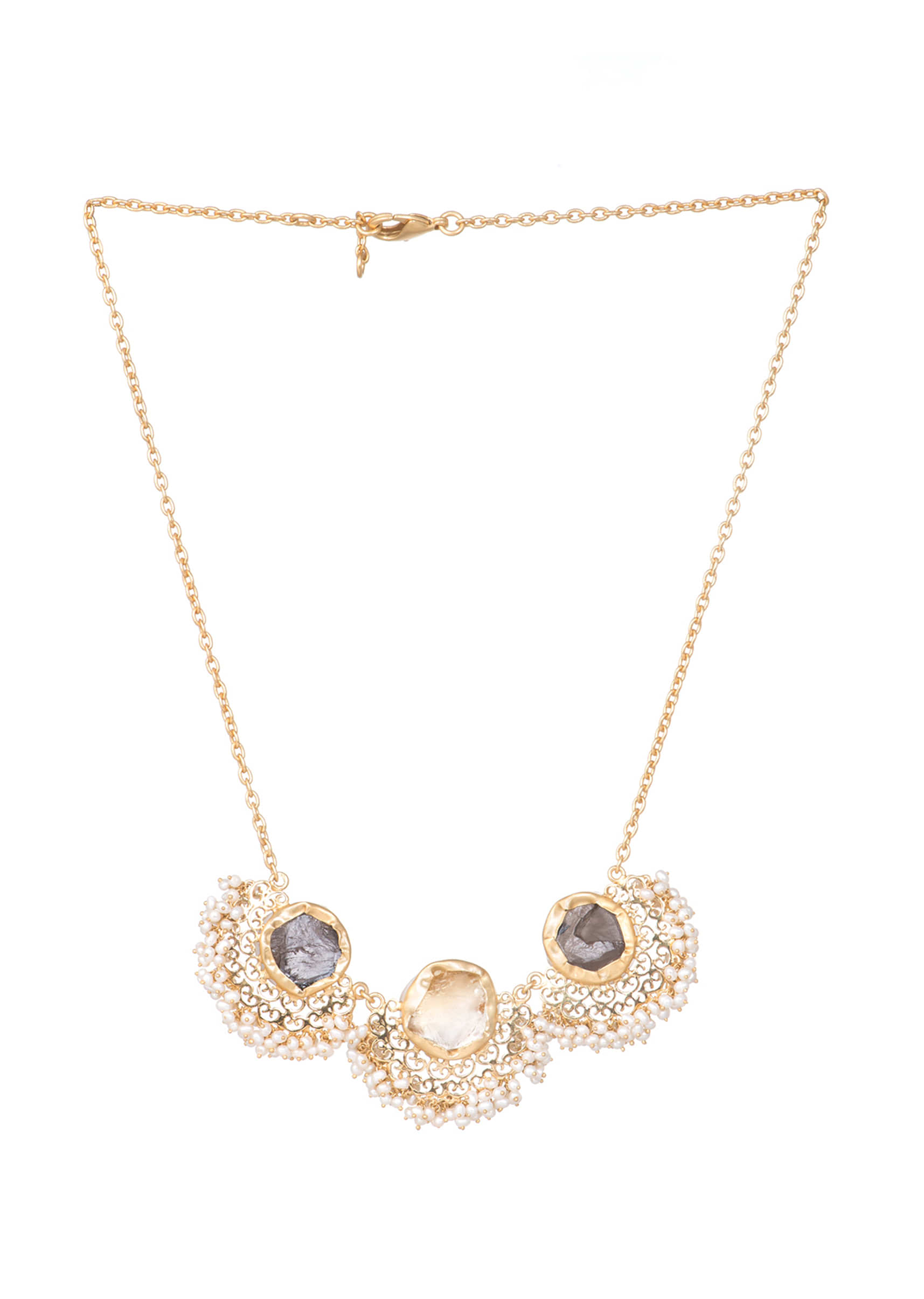 Gold Plated Necklace With Filigree Design And Studded With Smoky Topaz And Citrine By Zariin