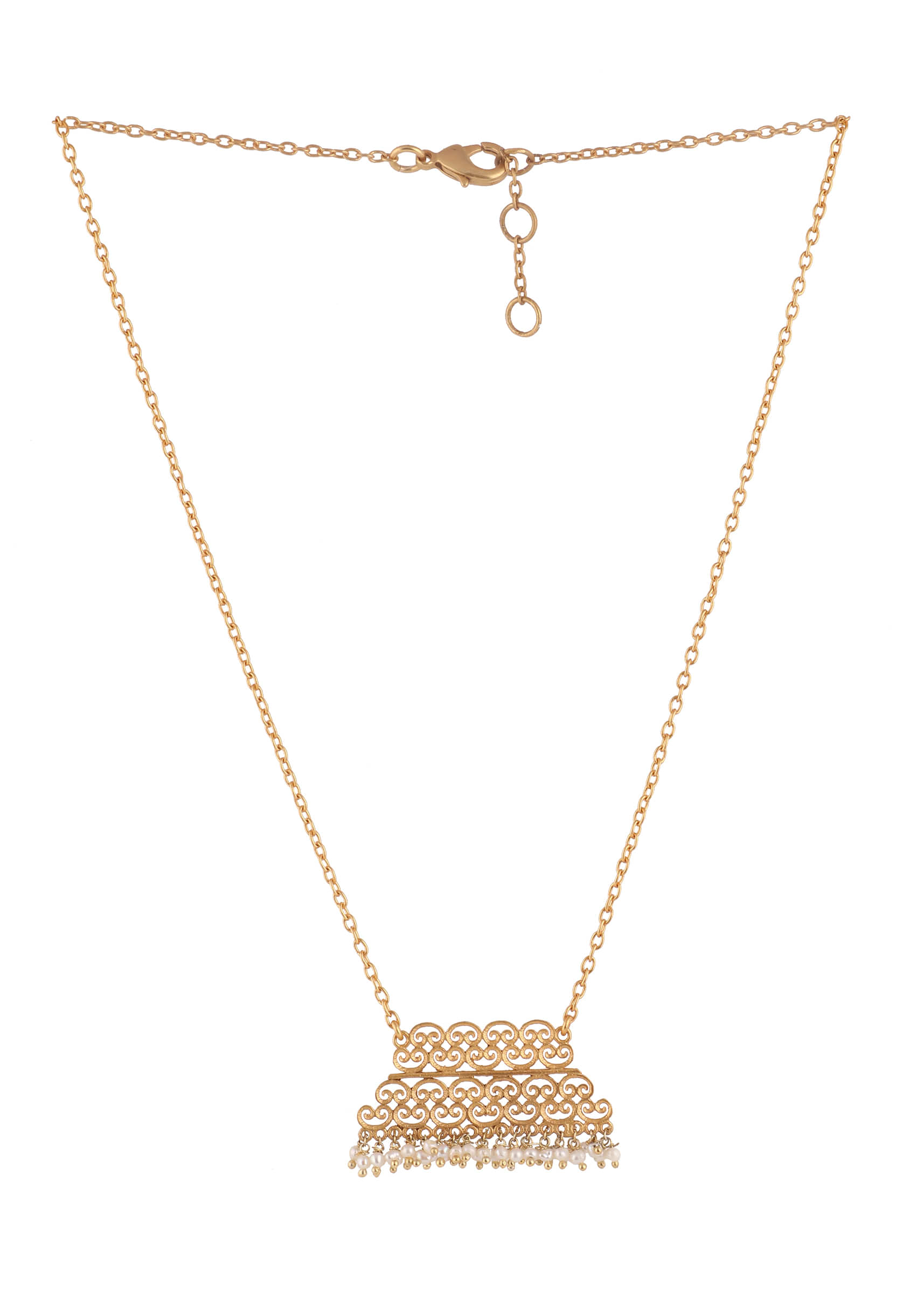 Gold Plated Necklace With Geometric Filigree Pendant Edged In Moti By Zariin