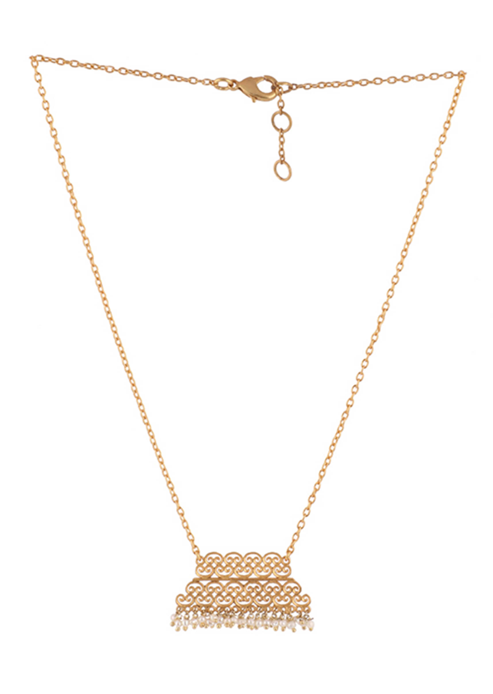 Gold Plated Necklace With Geometric Filigree Pendant Edged In Moti By Zariin
