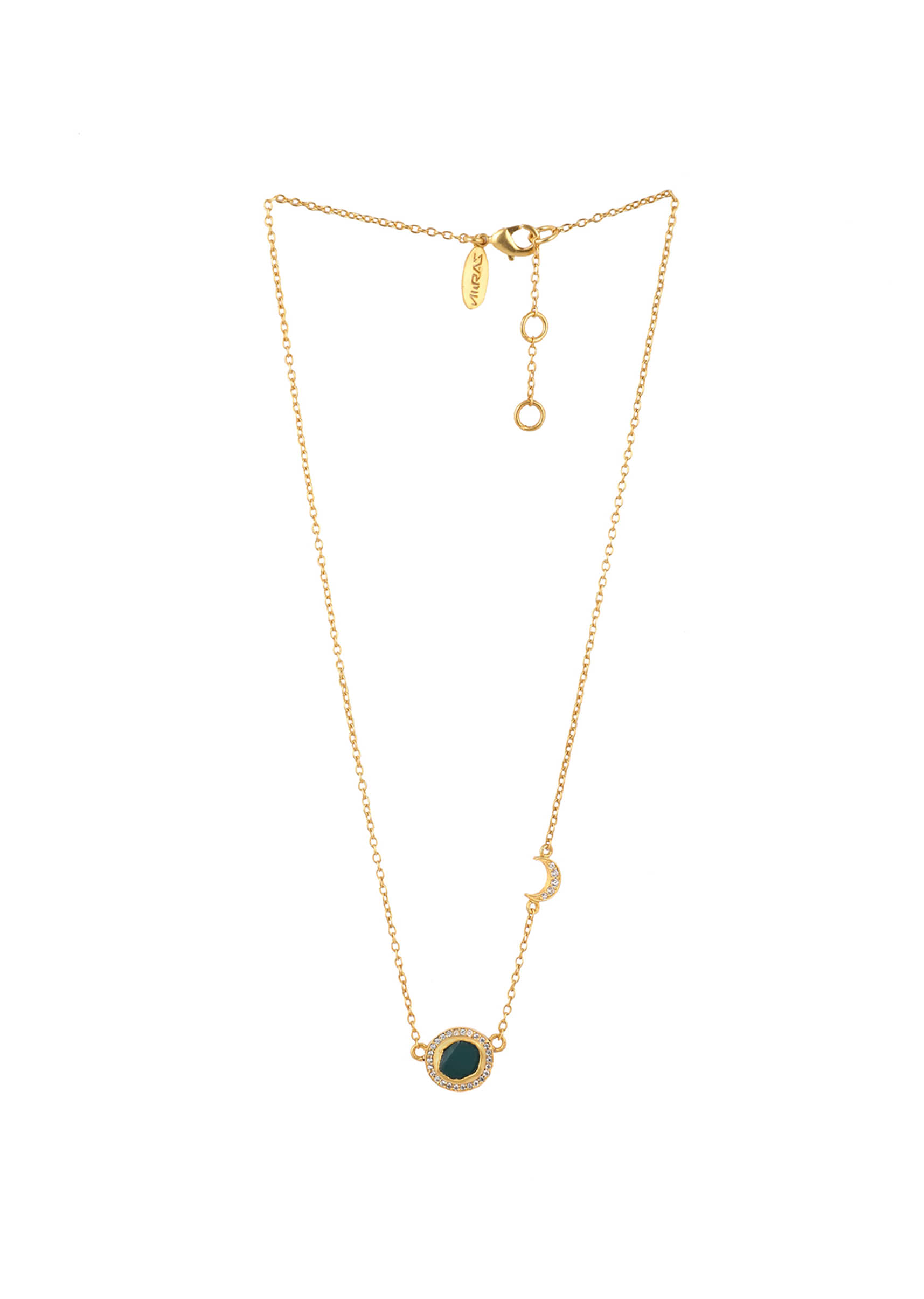 Gold Plated Necklace With Green Chalcedony Pendant And Studded With Cubic Zircons By Zariin