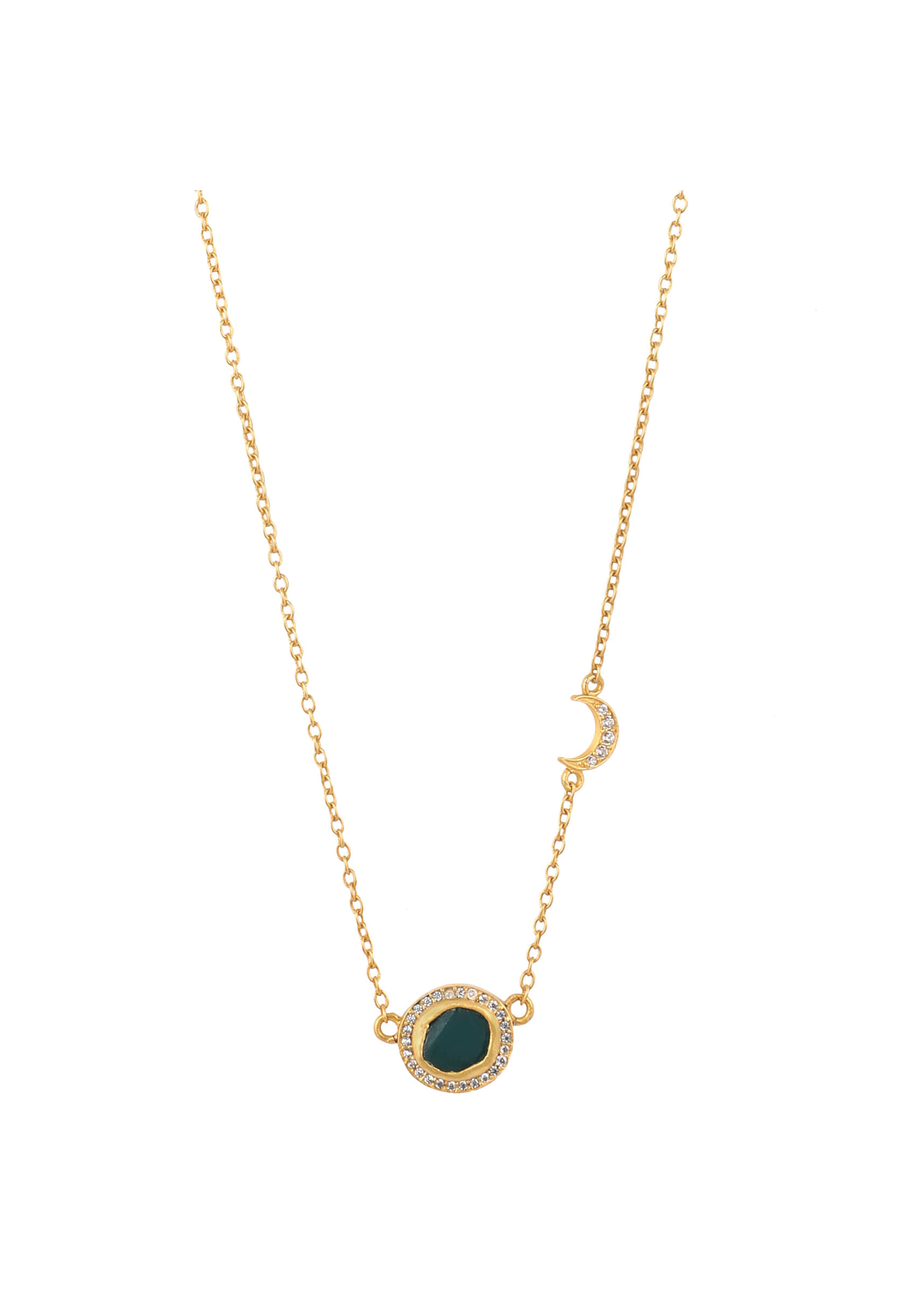 Gold Plated Necklace With Green Chalcedony Pendant And Studded With Cubic Zircons By Zariin