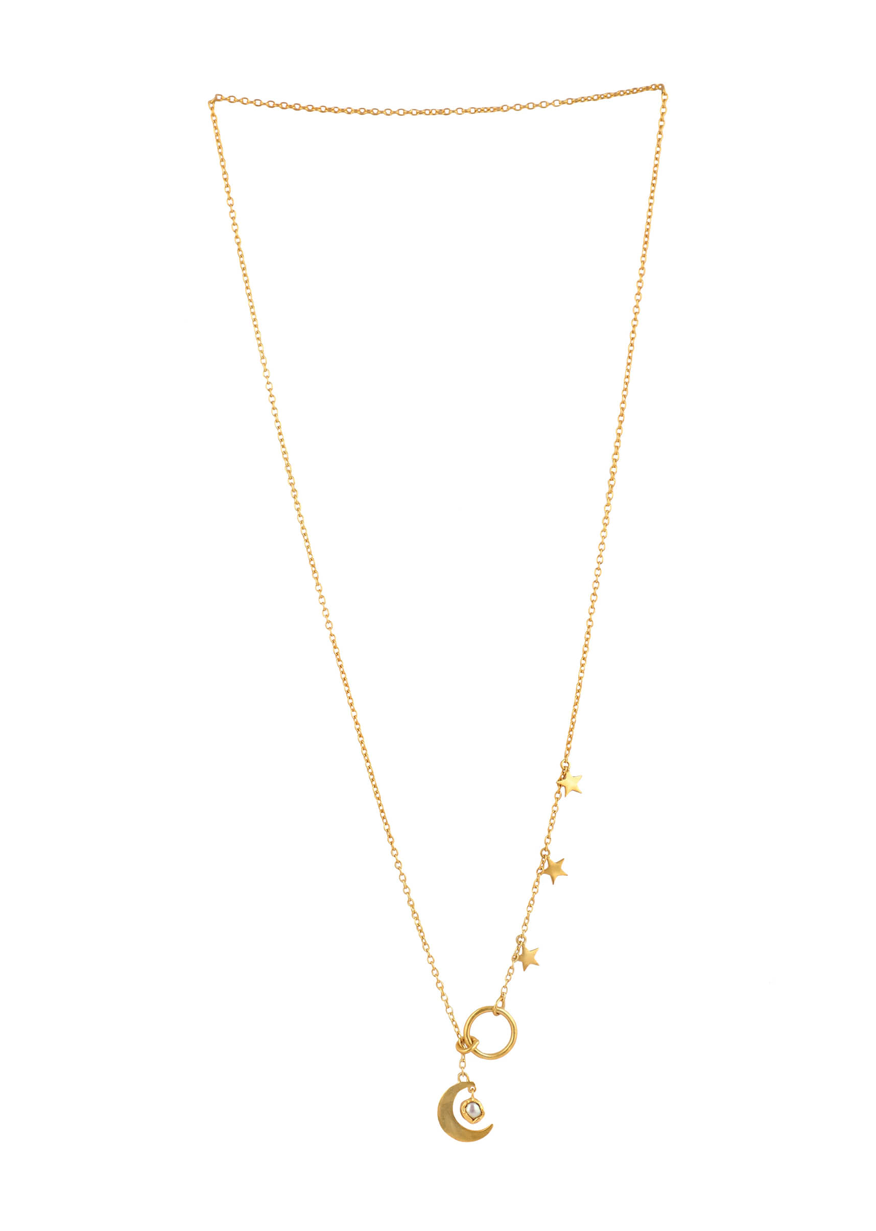 Gold Plated Necklace With Rough Pearl Encircled With Layers Of Stars And Moon By Zariin
