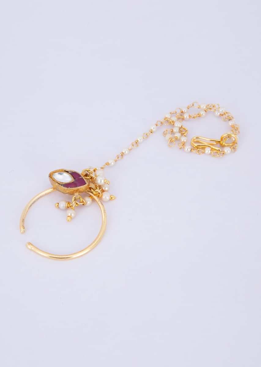 Gold plated nose ring with attached moti chain string only on Kalki