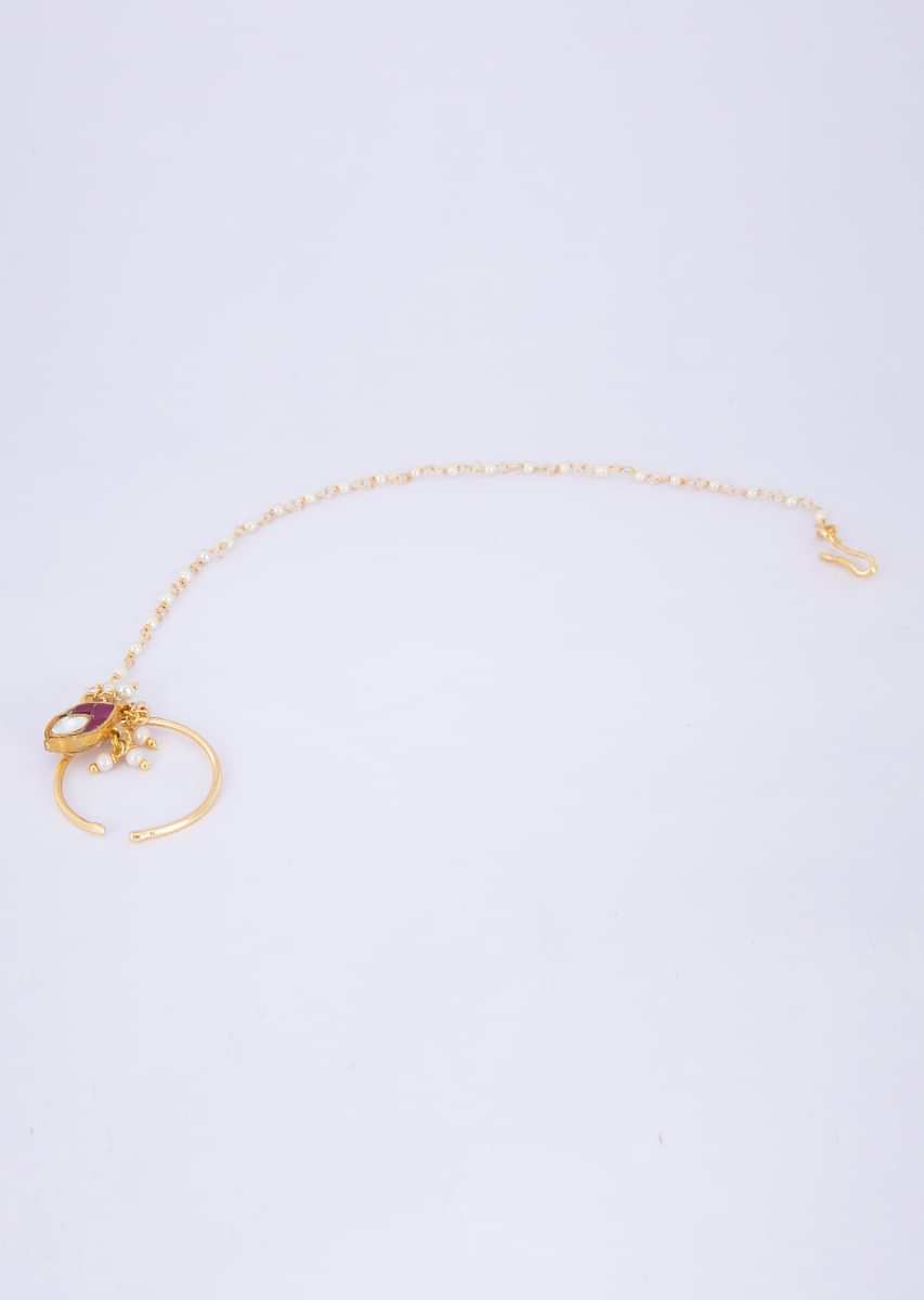 Gold plated nose ring with attached moti chain string only on Kalki