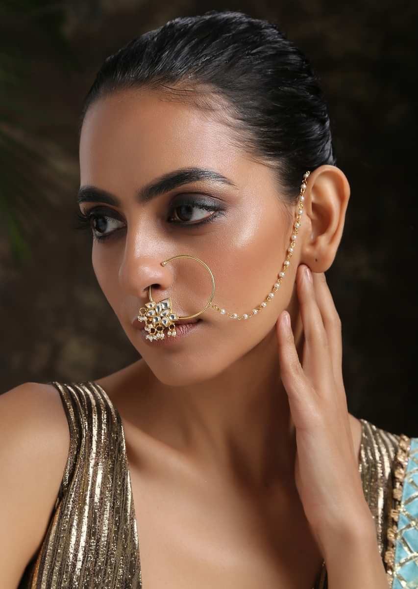 Gold Plated Nose Ring With Kundan In Floral Design Along With Dangling Pearl Tassels By Paisley Pop