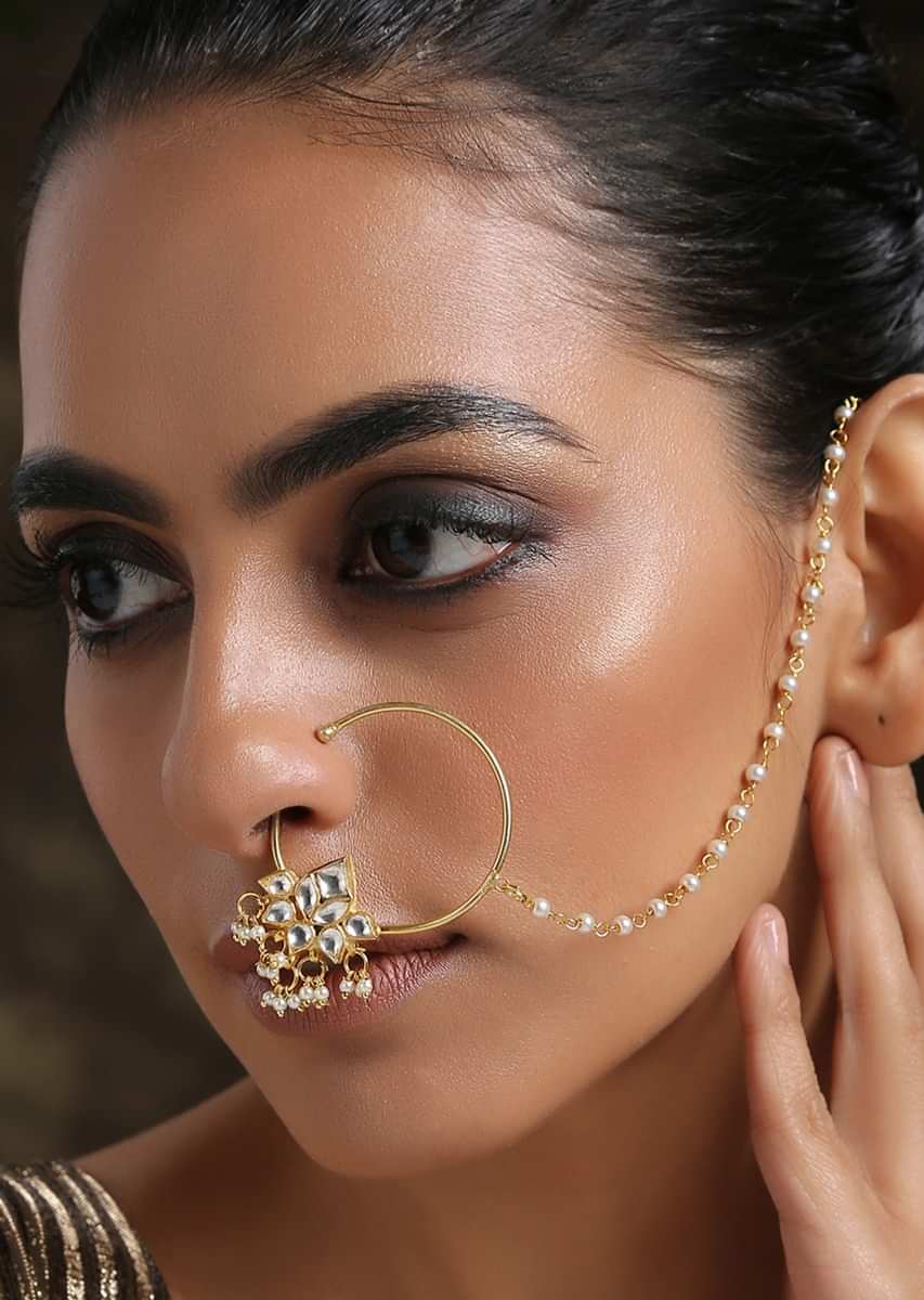 Gold Plated Nose Ring With Kundan In Floral Design Along With Dangling Pearl Tassels By Paisley Pop