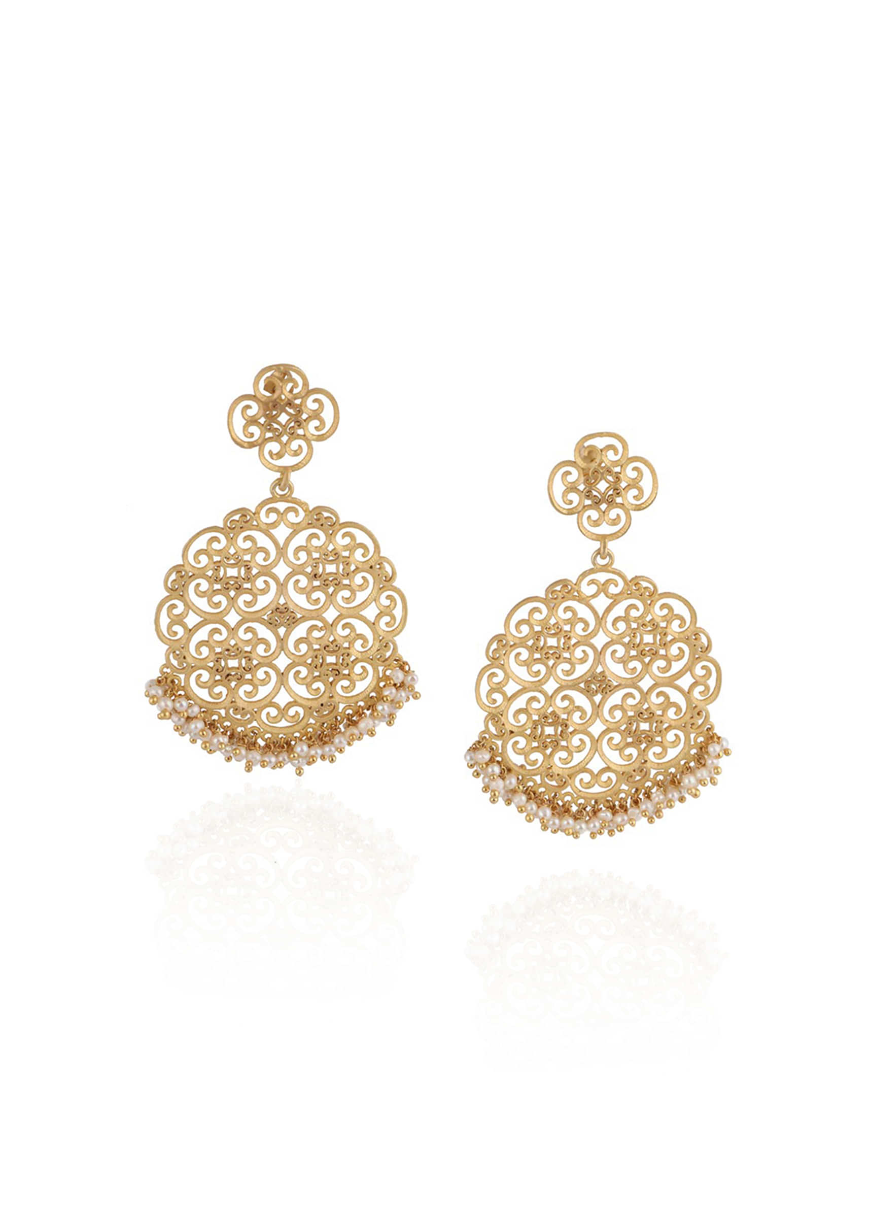 Gold Plated Oversized Disc Earrings With Delicate Filigree Detailing And Pearls By Zariin