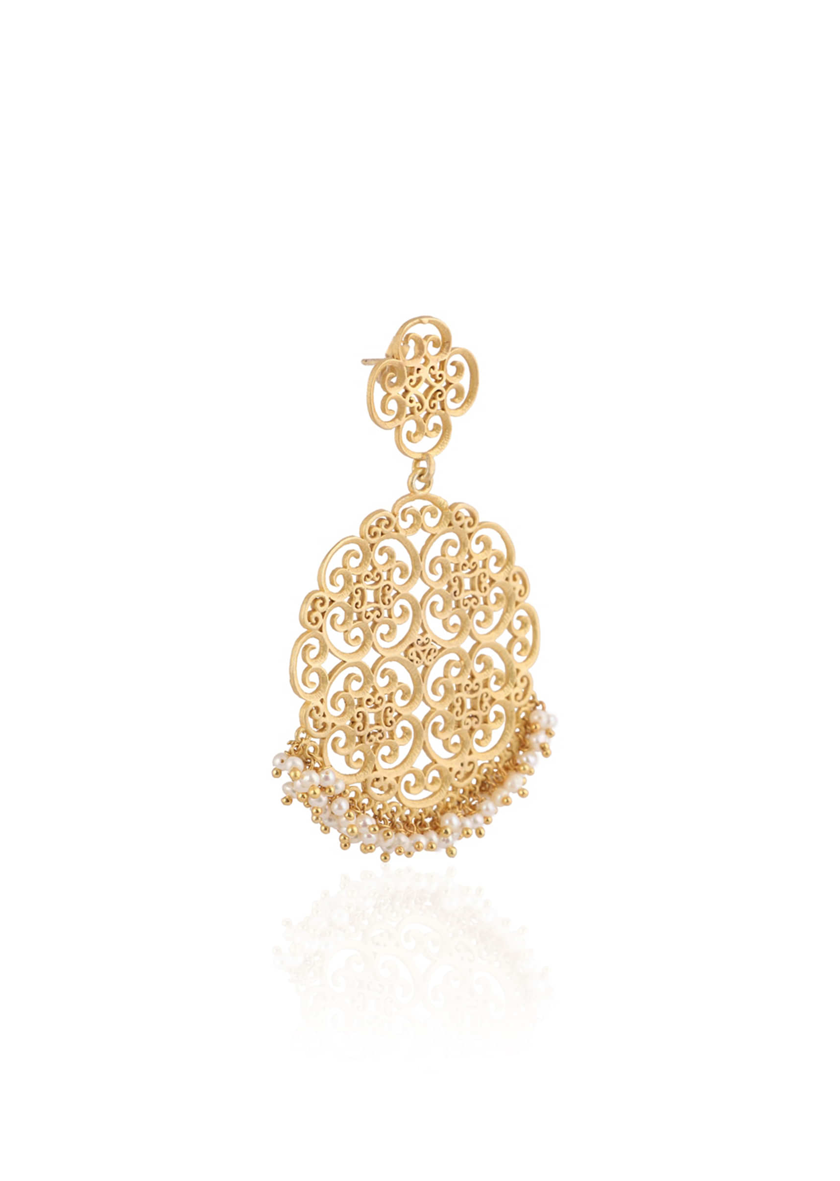Gold Plated Oversized Disc Earrings With Delicate Filigree Detailing And Pearls By Zariin