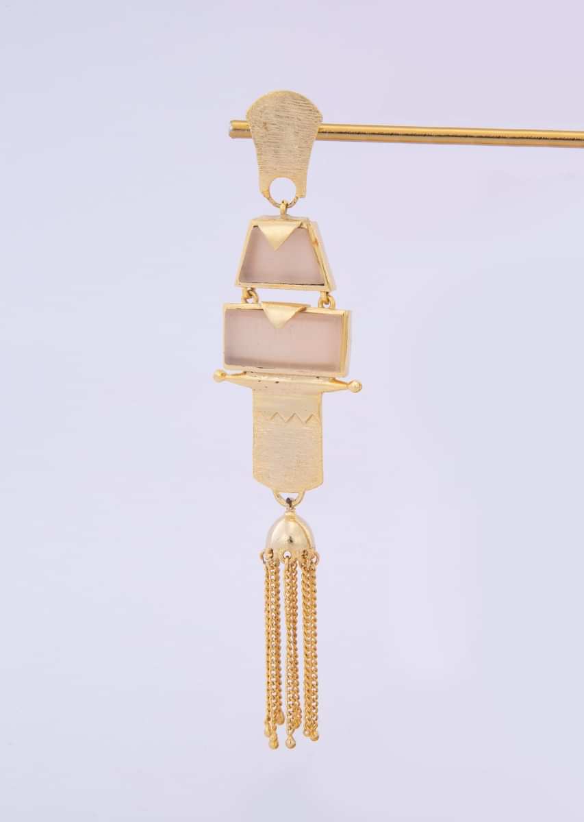 Gold plated party wear long tasseled earring with blush peach stone only on kalki