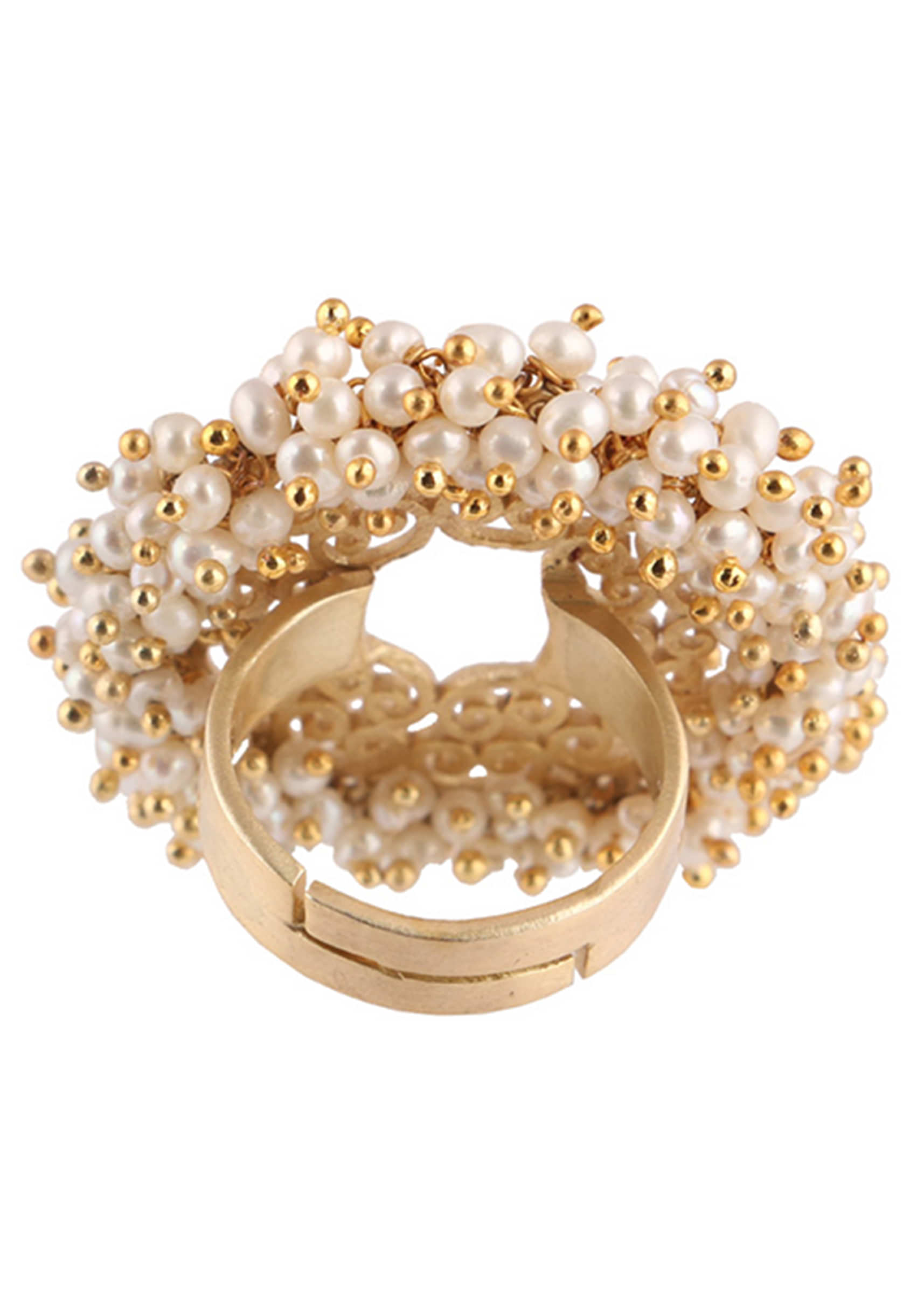 Gold Plated Ring Edged In Pearls And Carved Filigree Design By Zariin