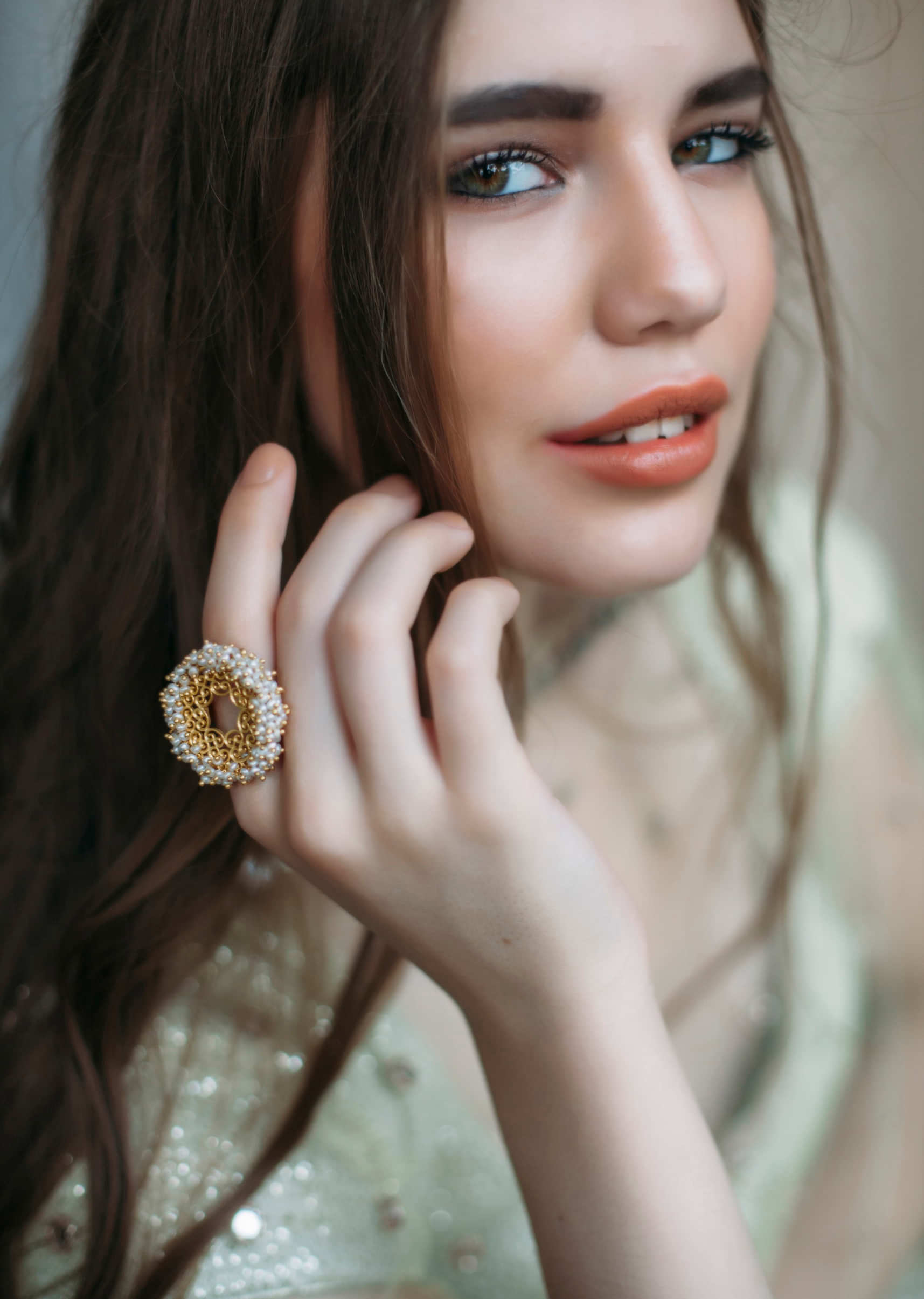 Gold Plated Ring Edged In Pearls And Carved Filigree Design By Zariin