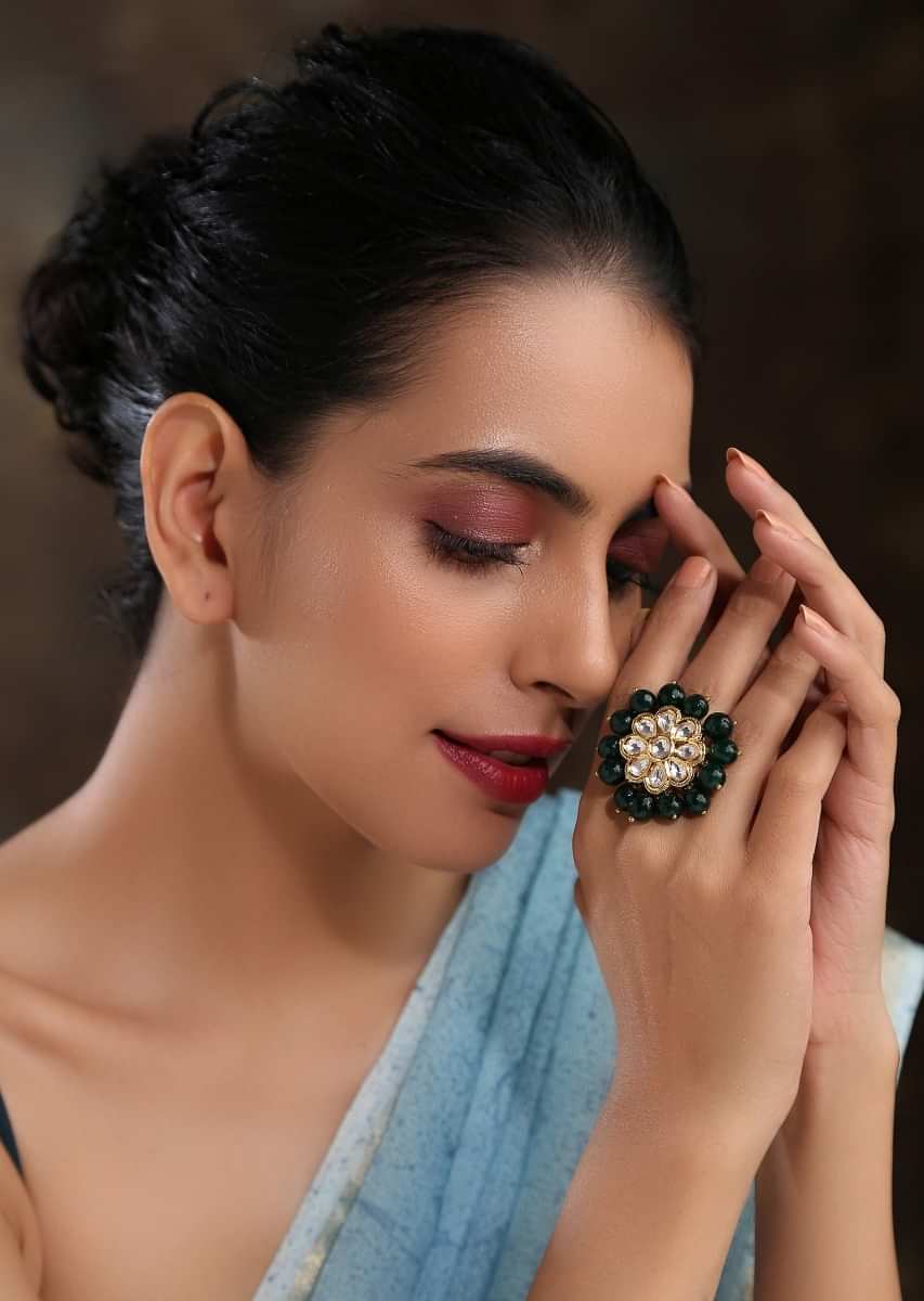 Gold Plated Ring Featuring Flower Shaped Kundan Surrounded With Green Beads On The Edge By Paisley Pop