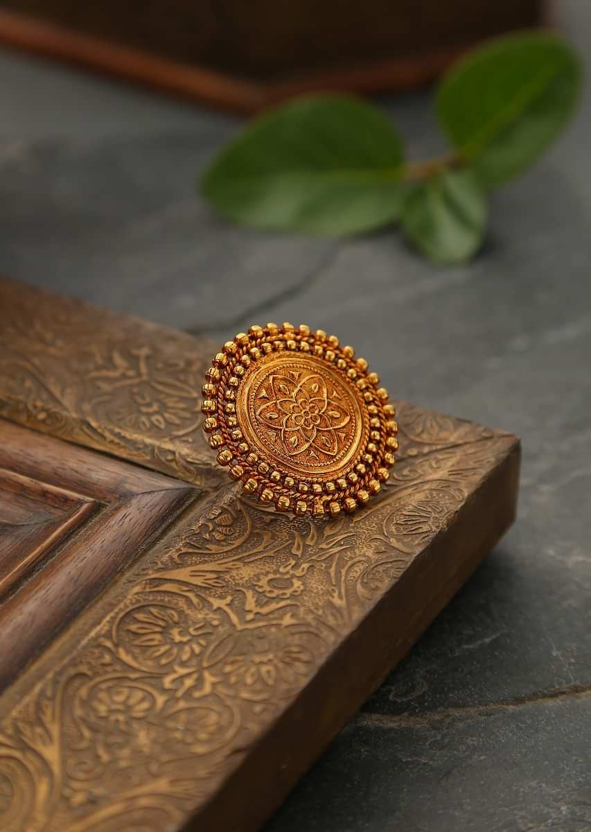 Gold Plated Ring With Contemporary Temple Work By Paisley Pop