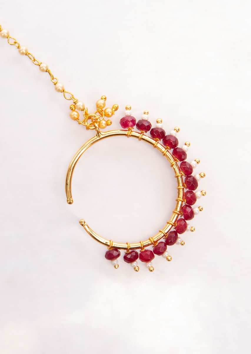 Gold plated round nose ring in white and maroon beads only on Kalki