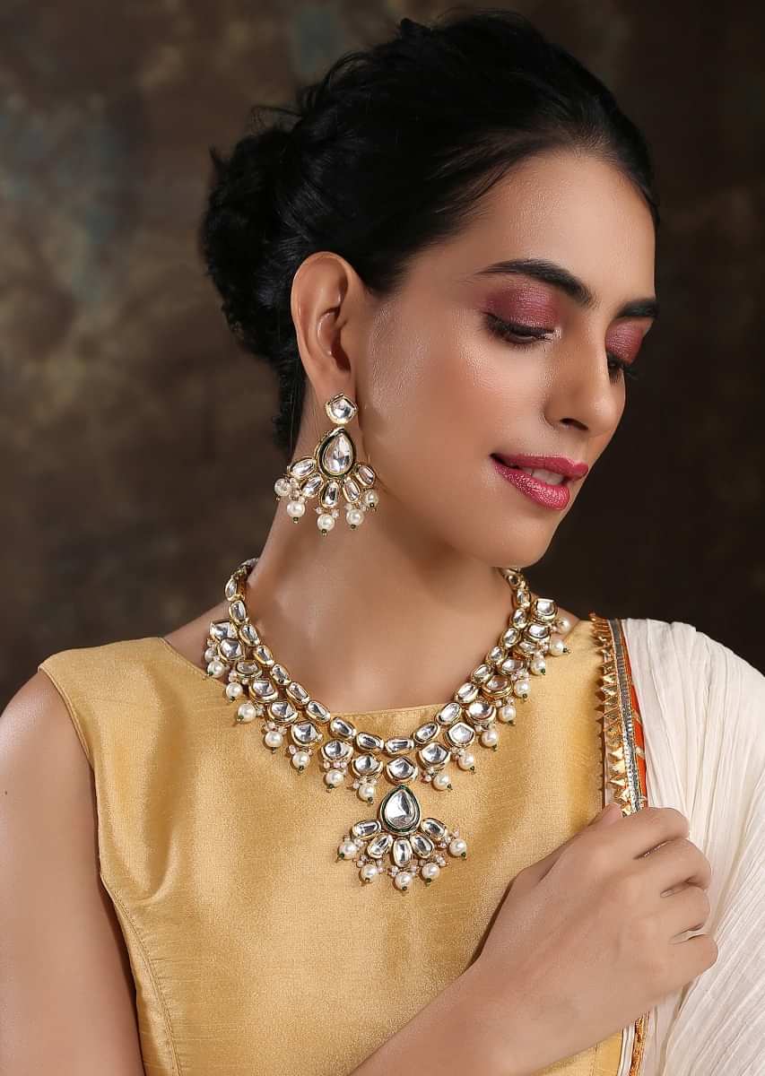 Gold Plated Royal Necklace And Earrings Set Handcrafted With Kundan And Edged With Moti By Paisley Pop